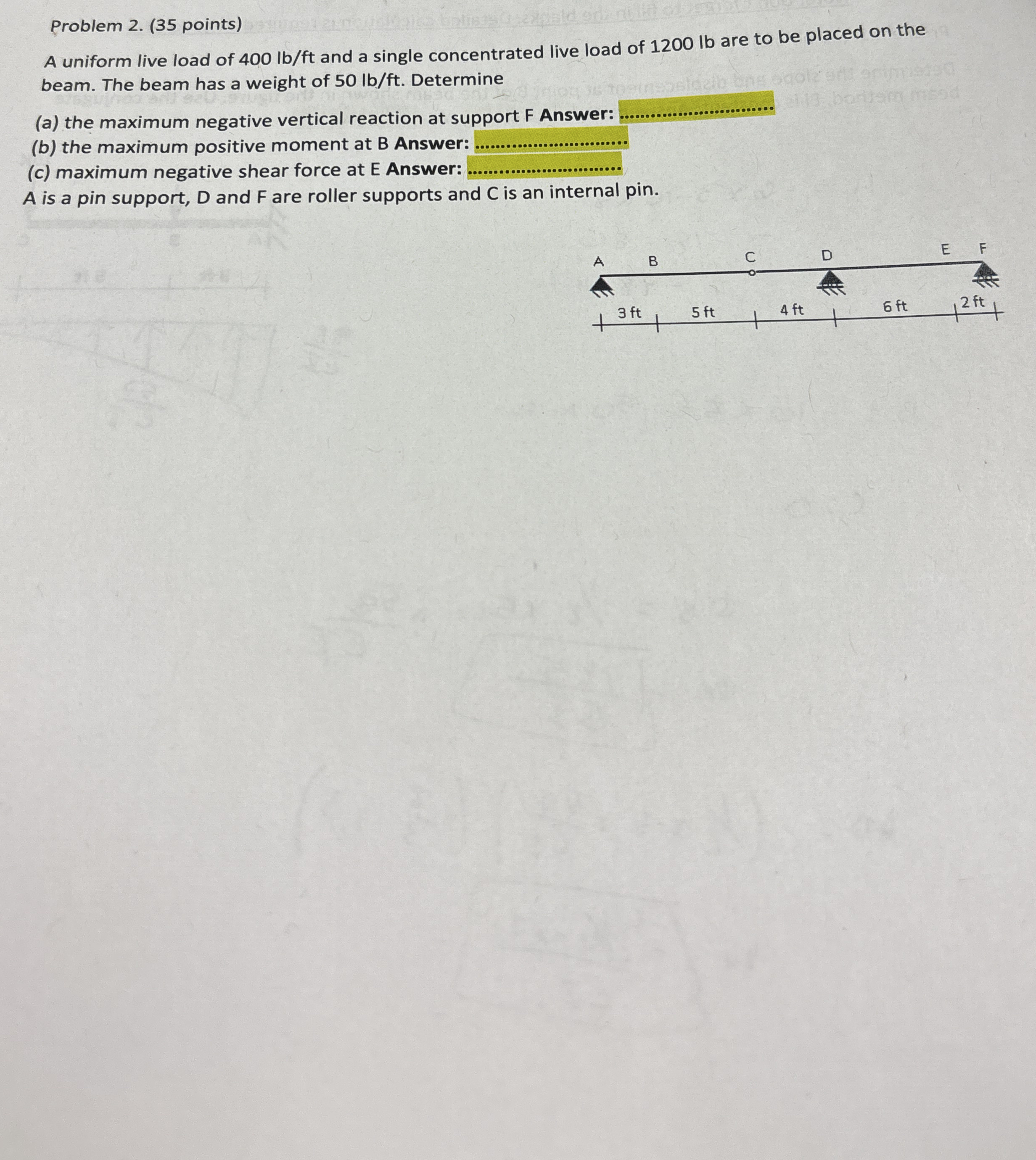 Problem 2 . ( 3 5 points ) A uniform live load of