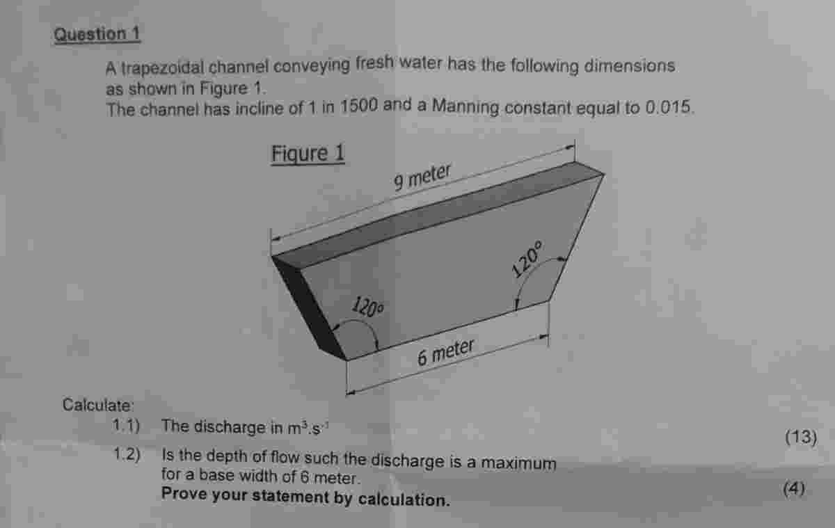 Question 1 A trapezoidal channel conveying fresh