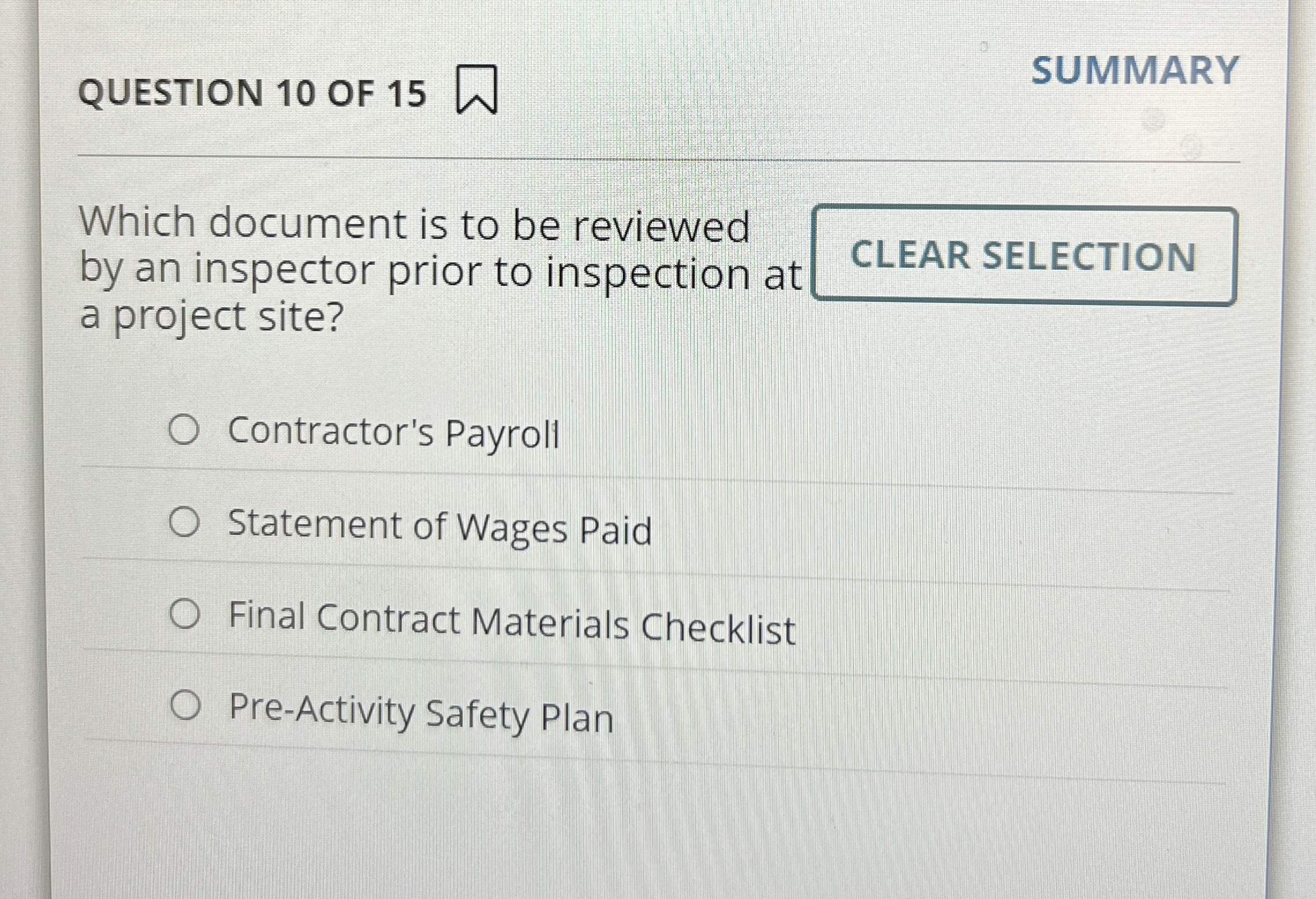QUESTION 1 0 OF 1 5 Which document is to be