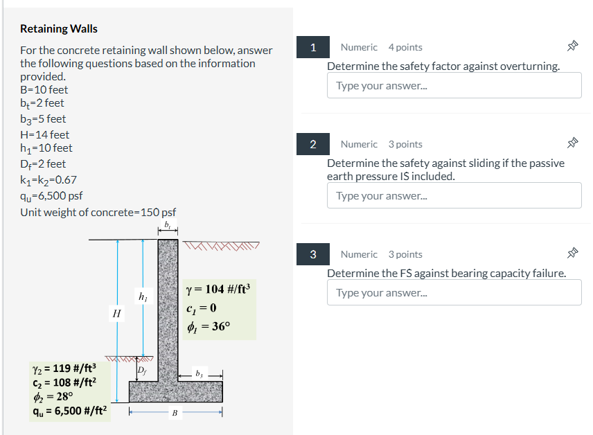 Determine the safety factor against overturning.