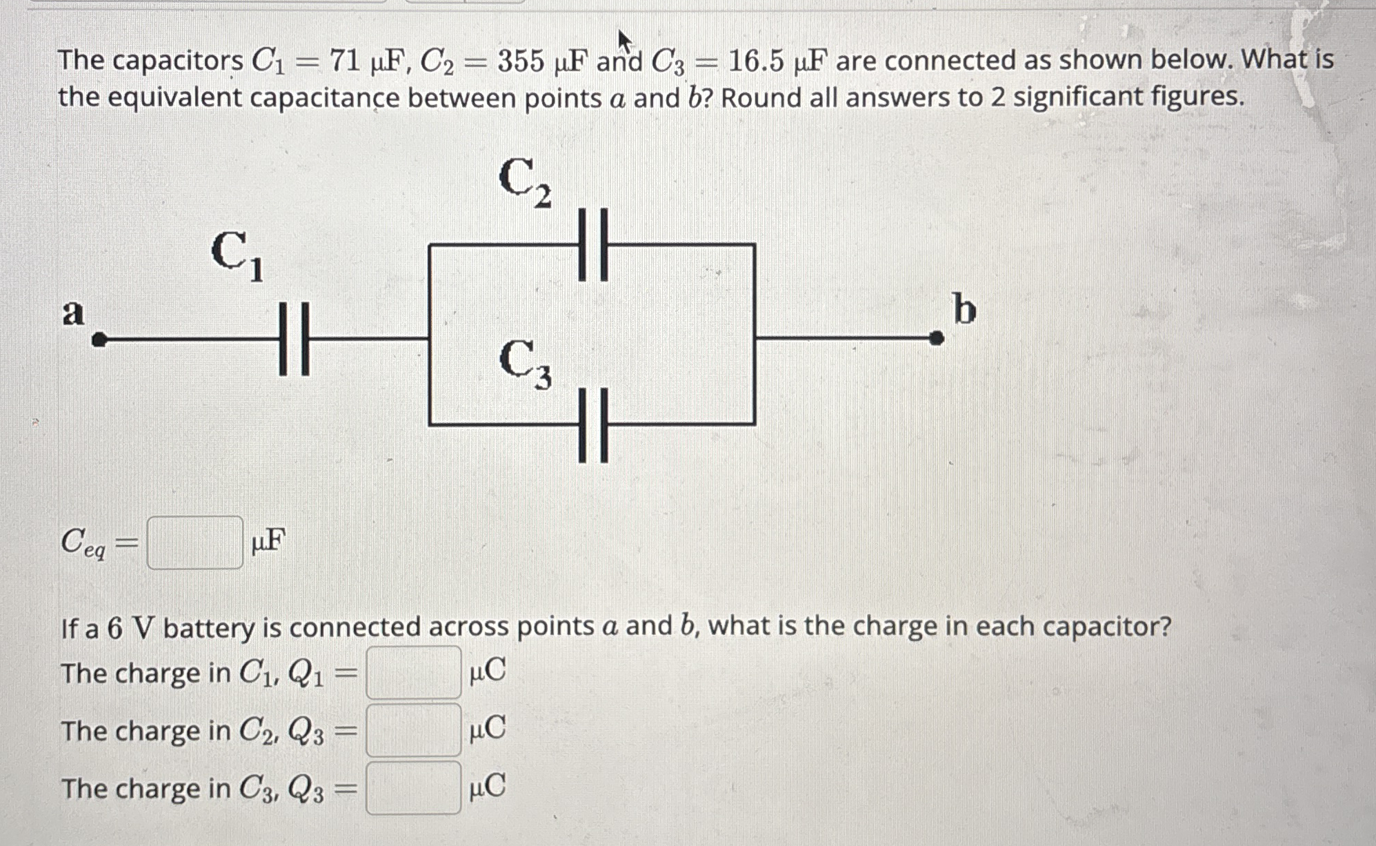 The capacitors C 1 = 7 1 F , C 2 = 3 5 5 F and C