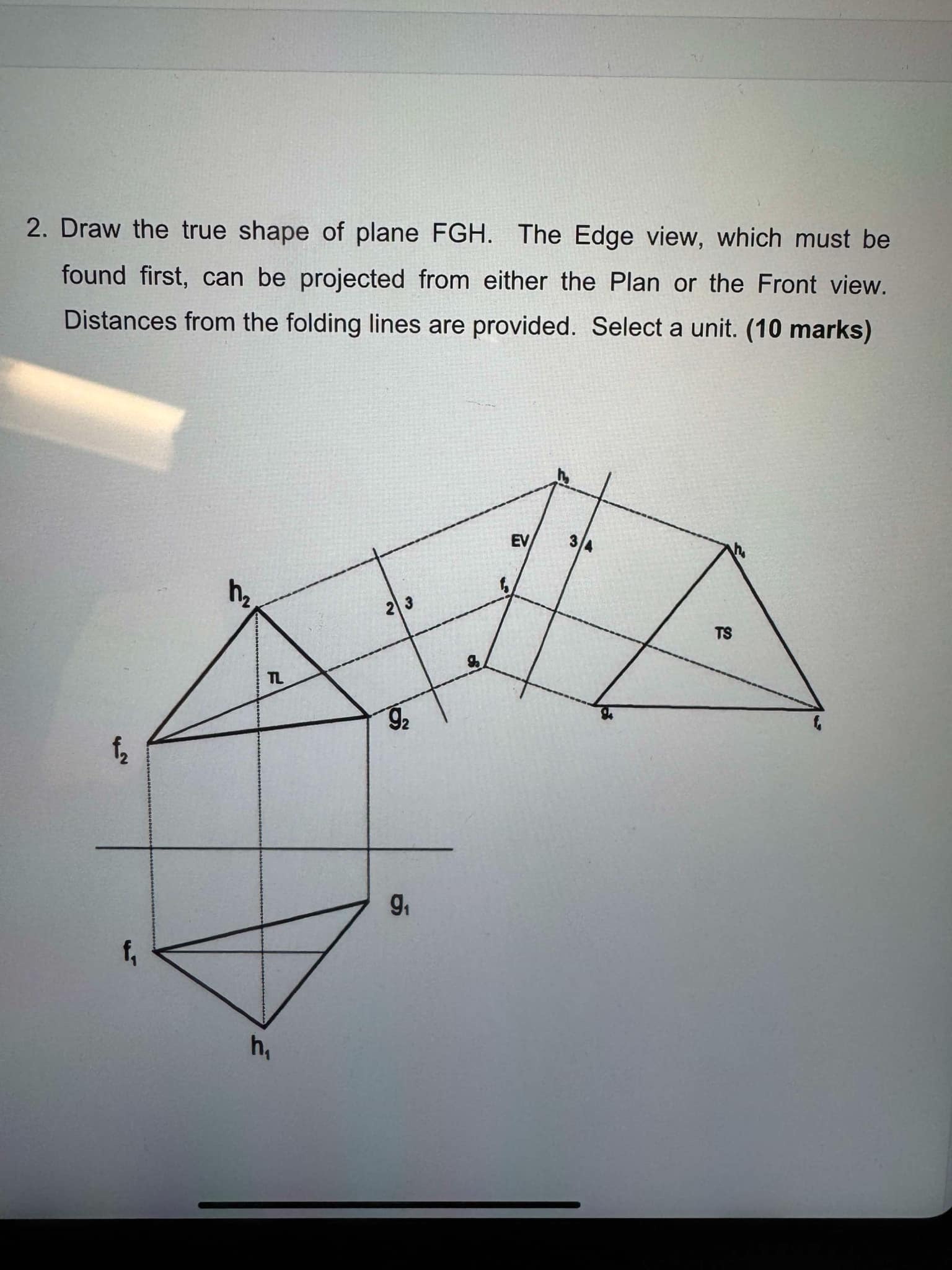 Draw the true shape of plane FGH . The Edge view,