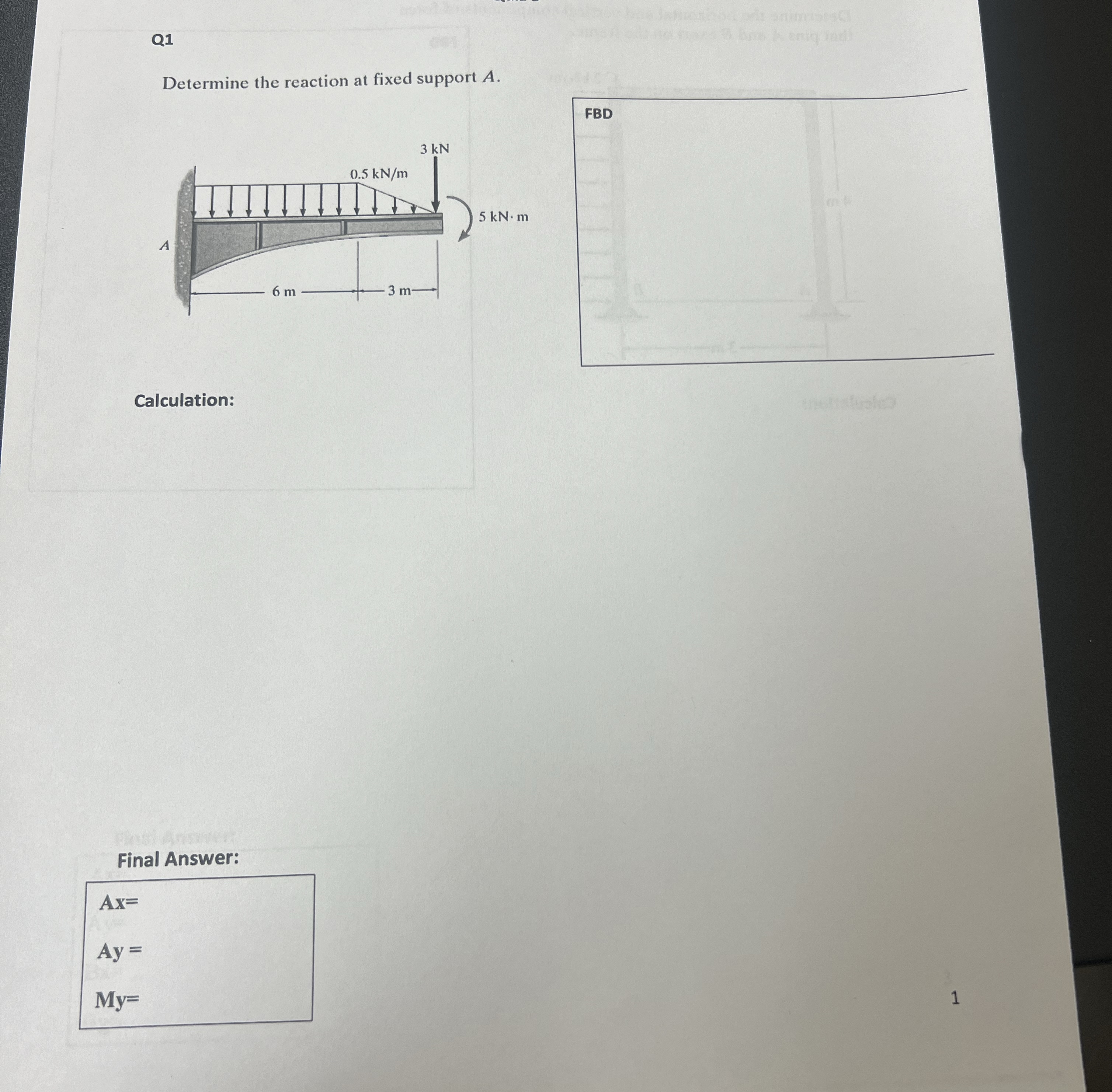 Q 1 Determine the reaction at fixed support A .