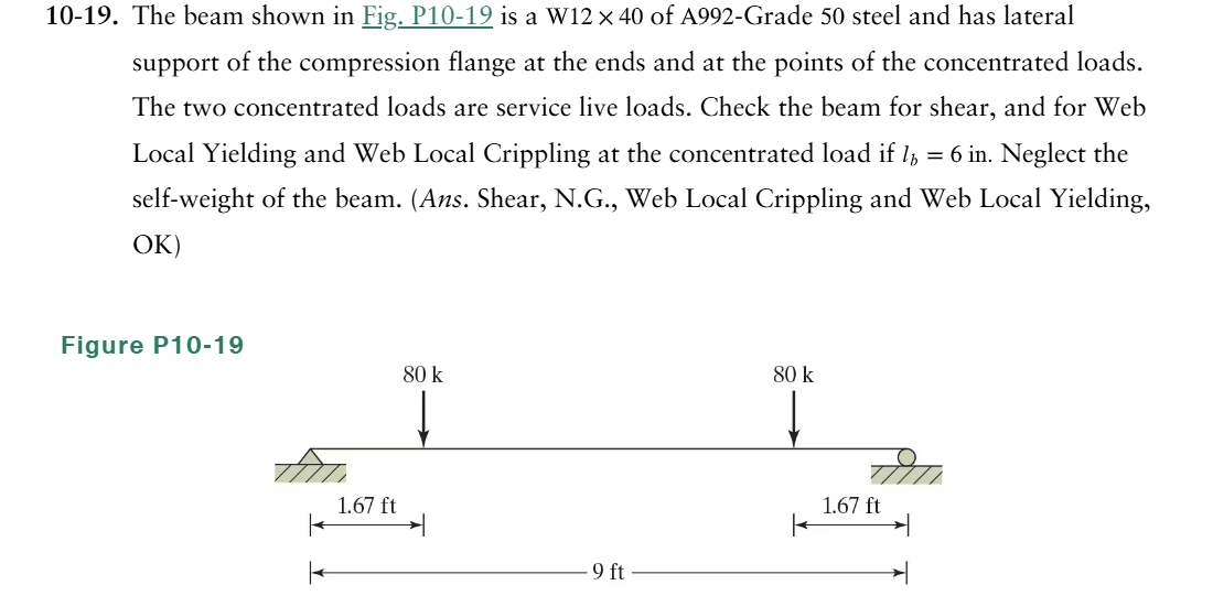 1 0 - 1 9 . The beam shown in Fig. P 1 0 - 1 9 is