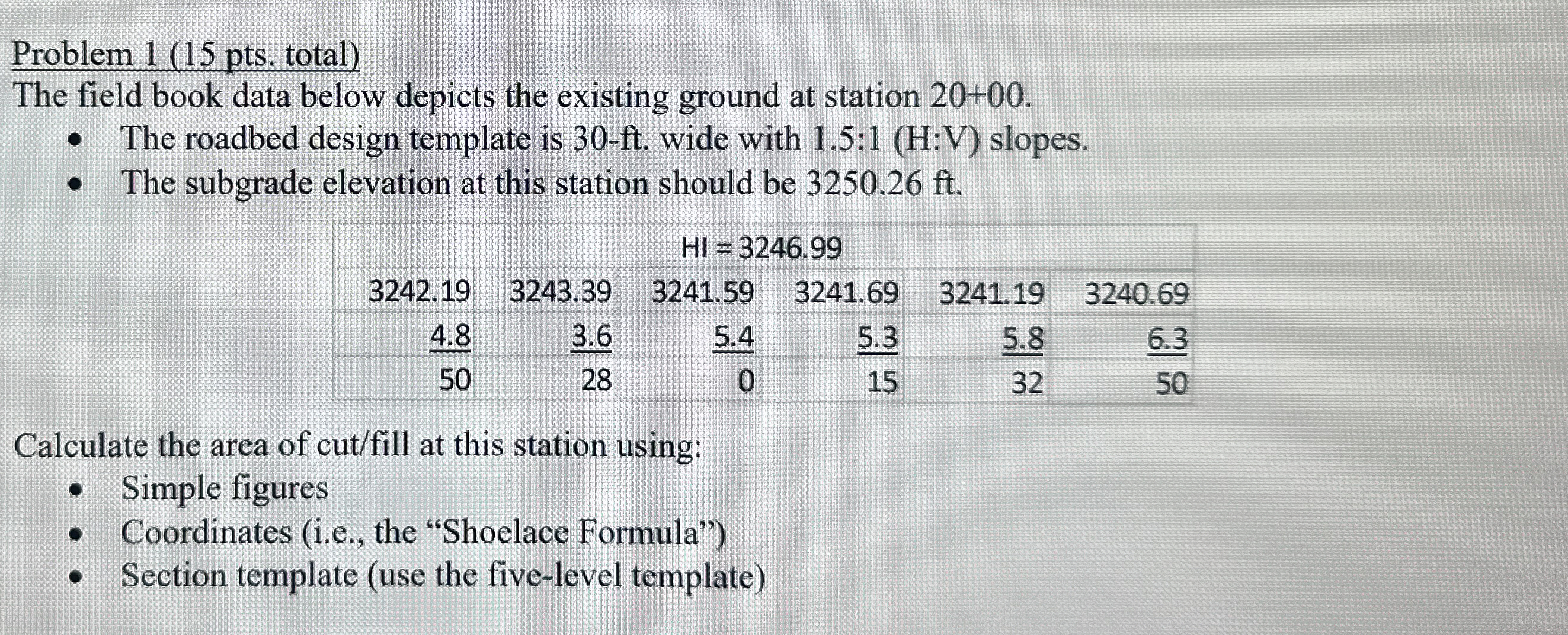 Problem 1 ( 1 5 pts . total ) The field book data