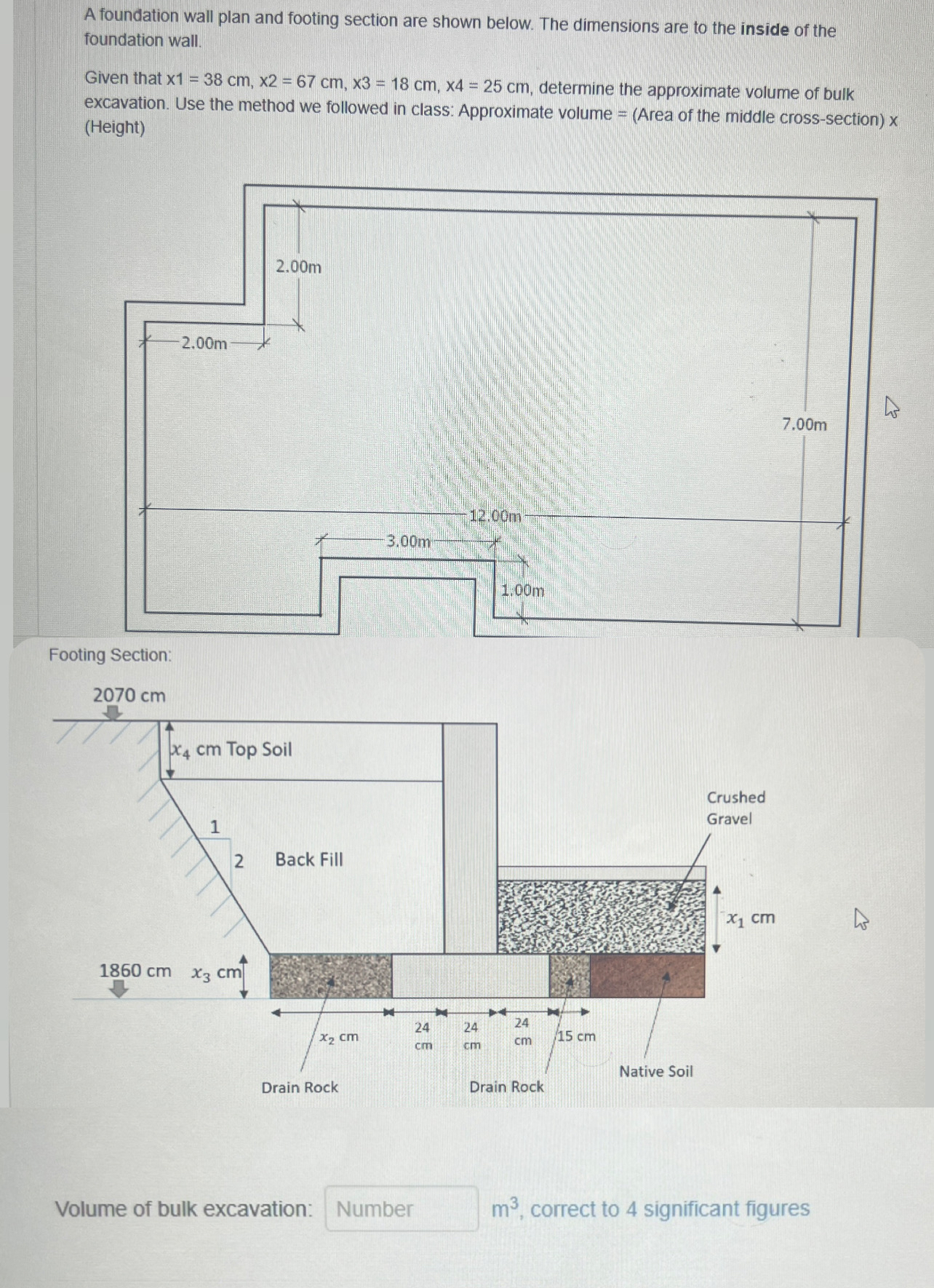 A foundation wall plan and footing section are