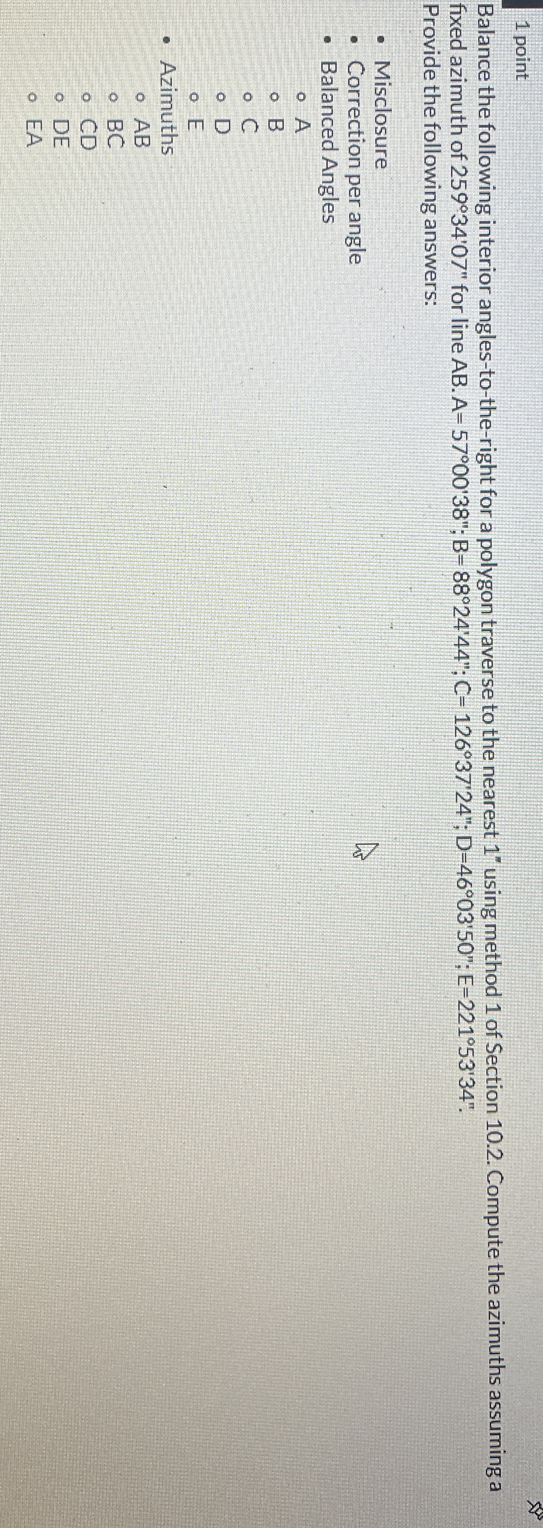 1 point fixed azimuth of 2 5 9 3 4 ' 0 7 ' ' for