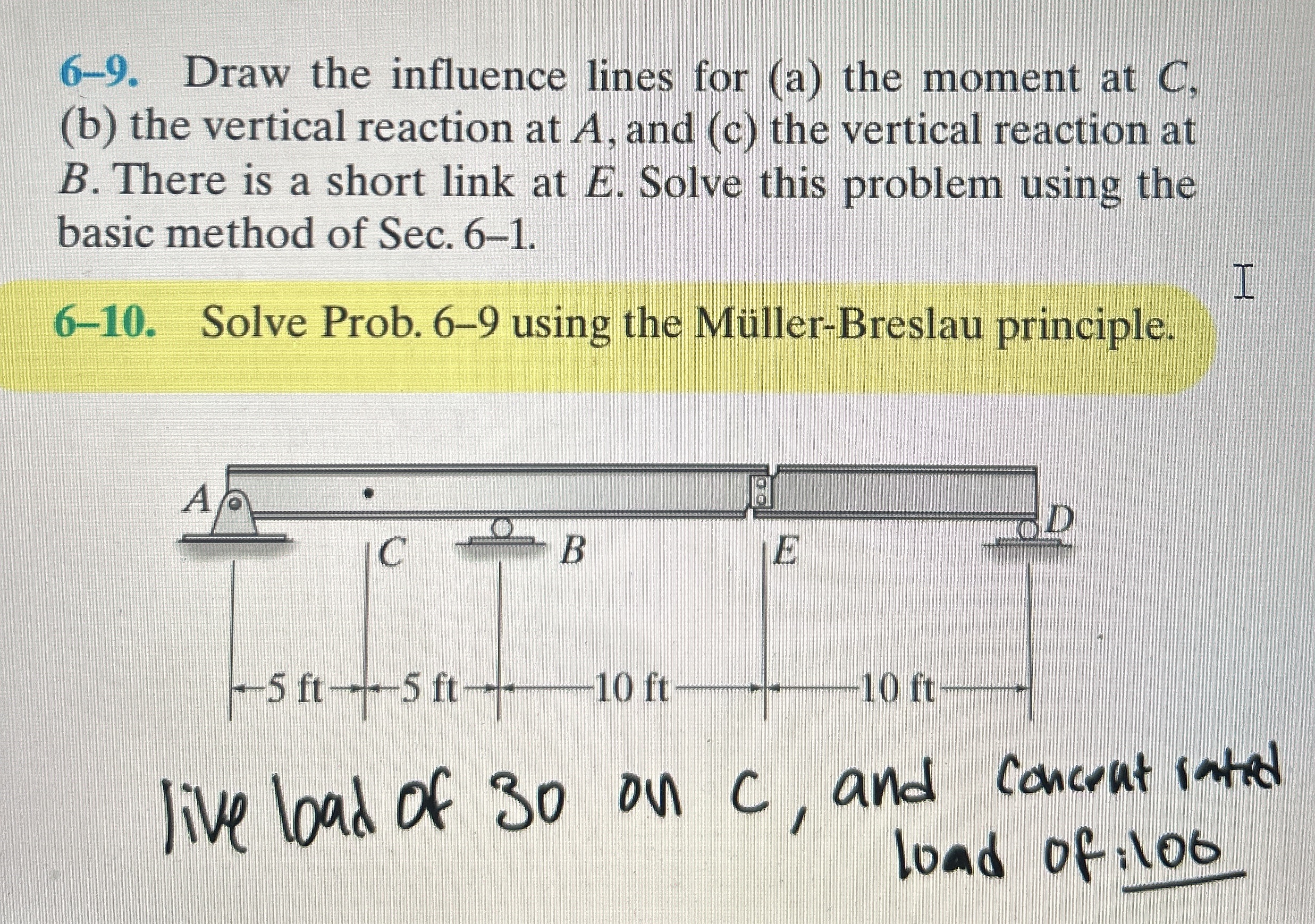 6 - 1 0 Draw the influence lines for ( a ) the