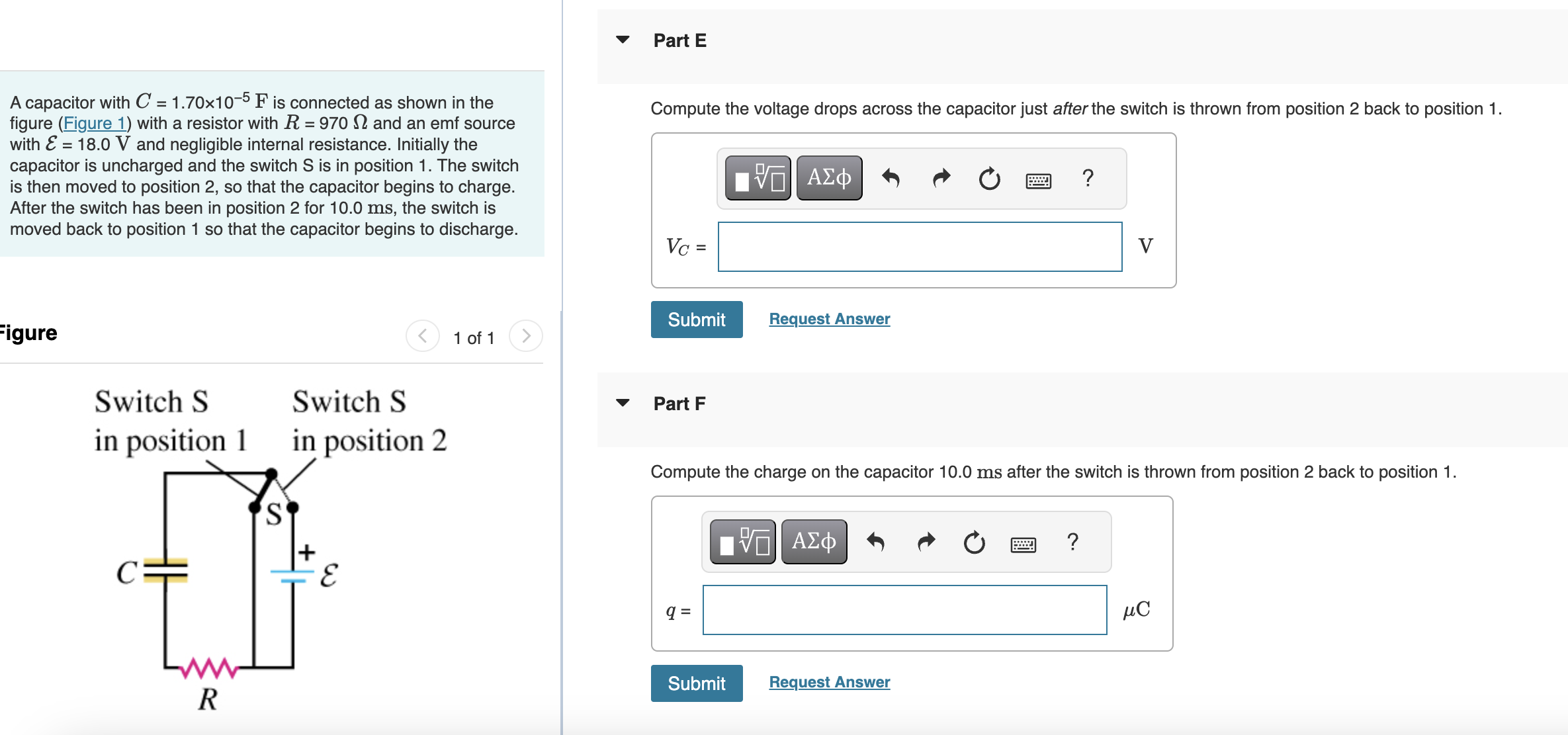 Compute the charge on the capacitor just before