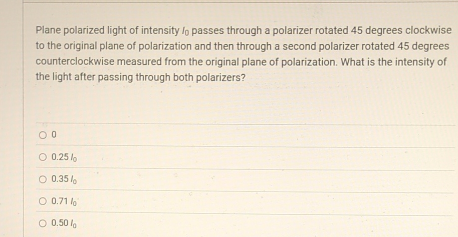 Plane polarized light of intensity I 0 passes