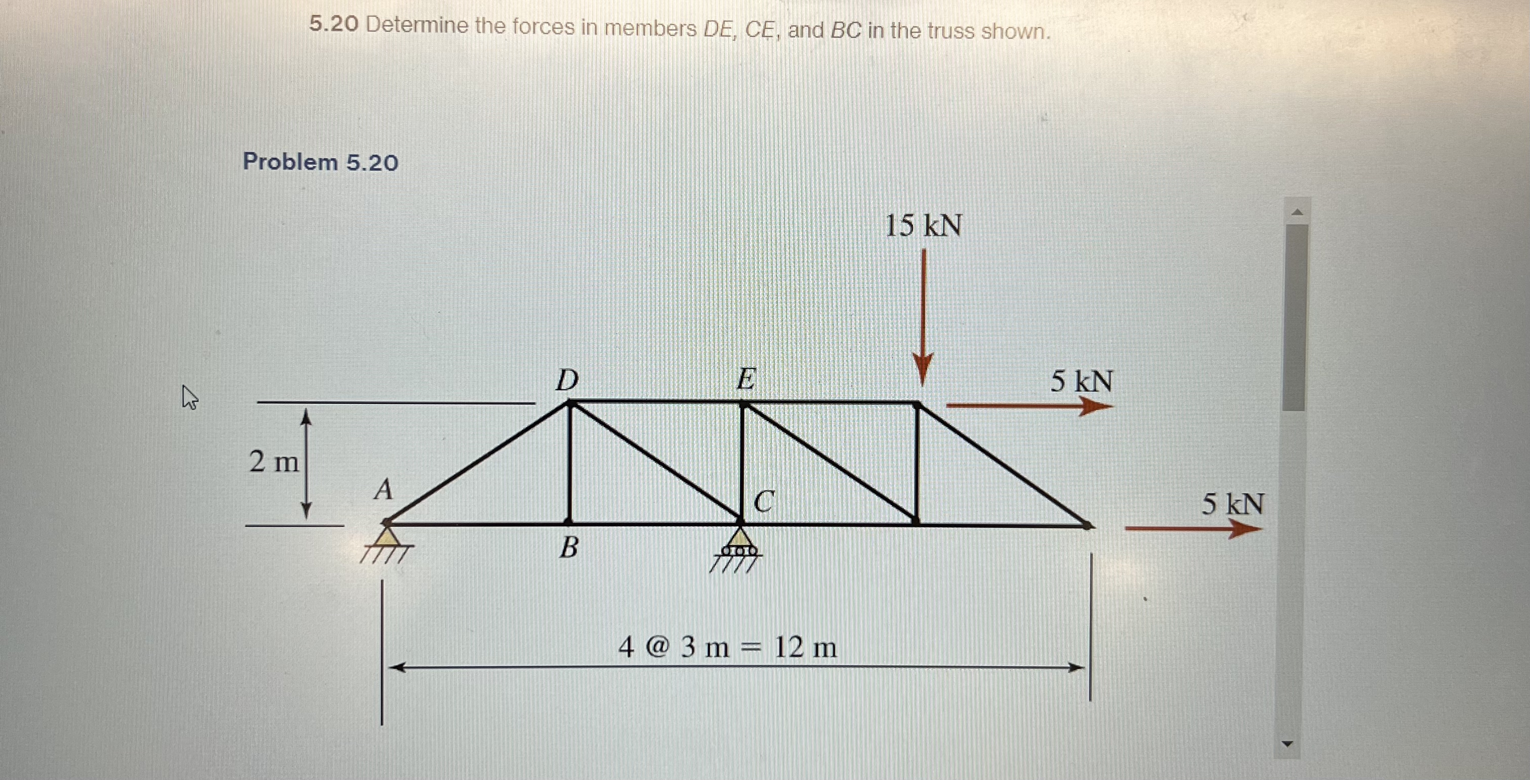 5 . 2 0 Determine the forces in members D E , C E