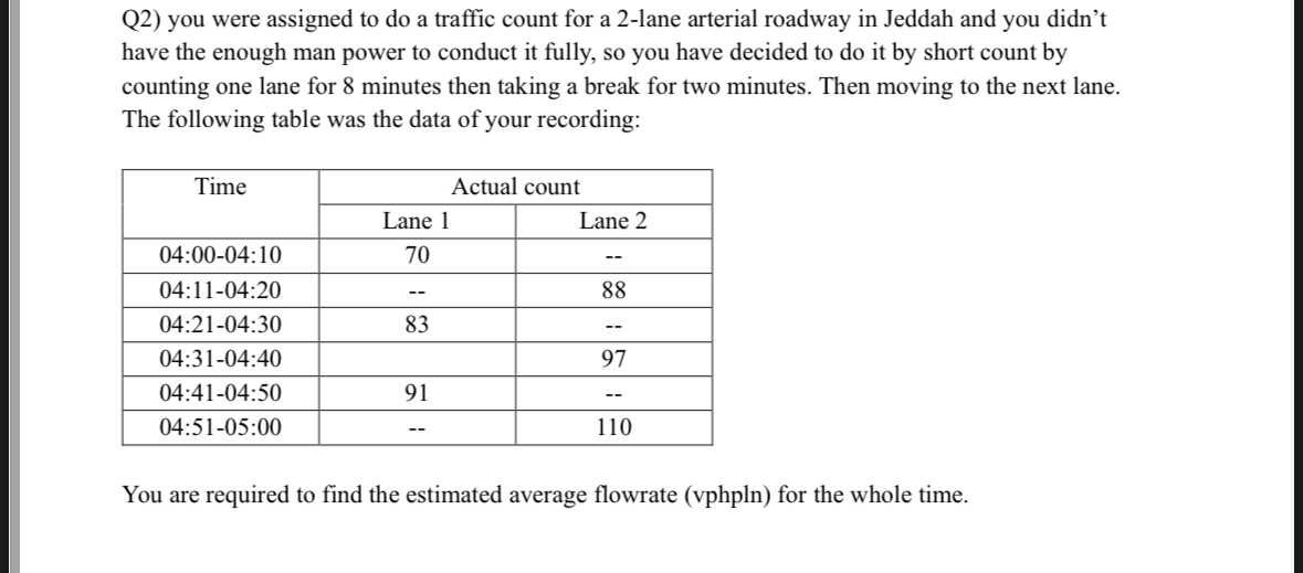 Q 2 ) you were assigned to do a traffic count for