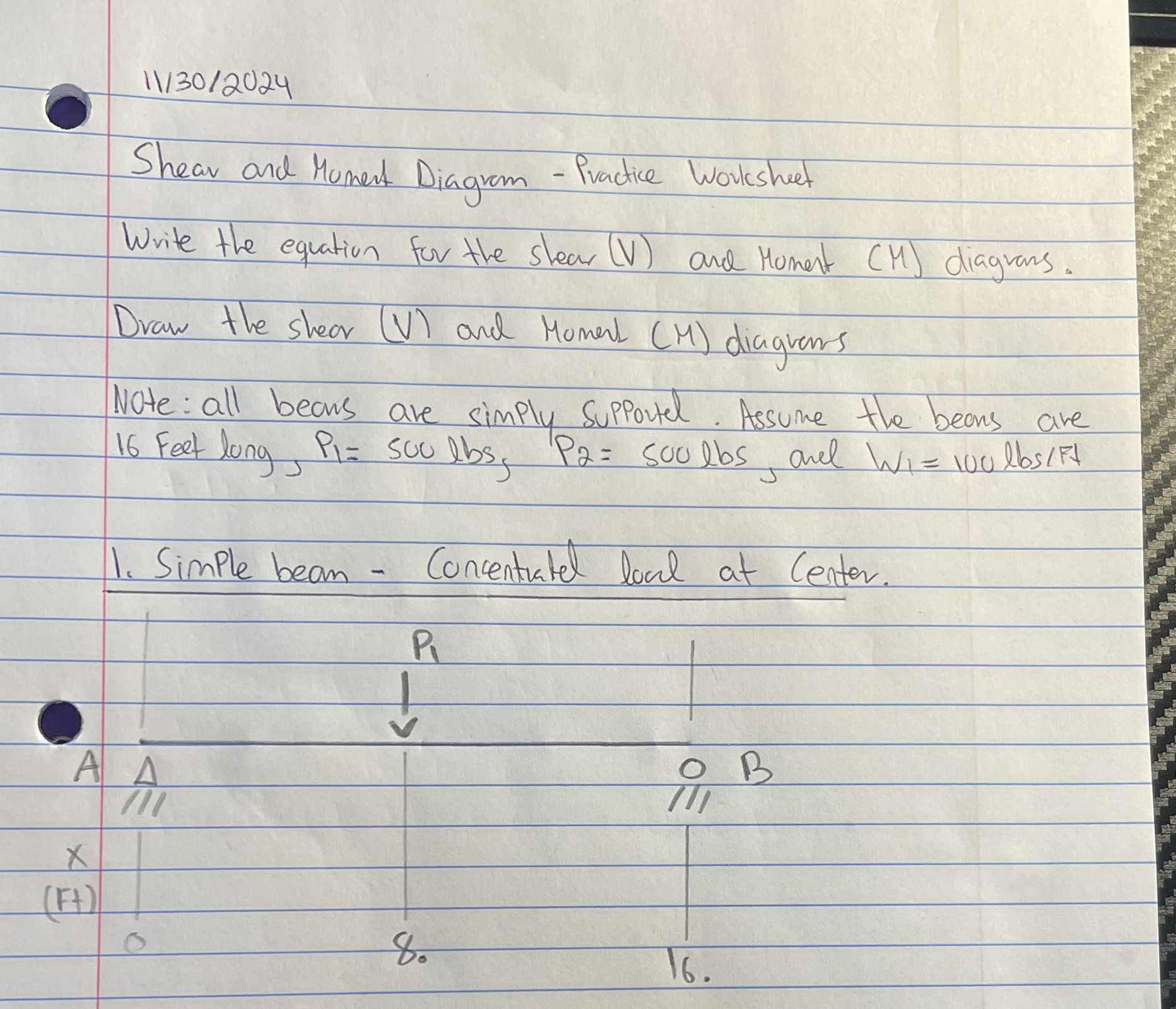 Shear and Moment Diagram - Practice Worksheet