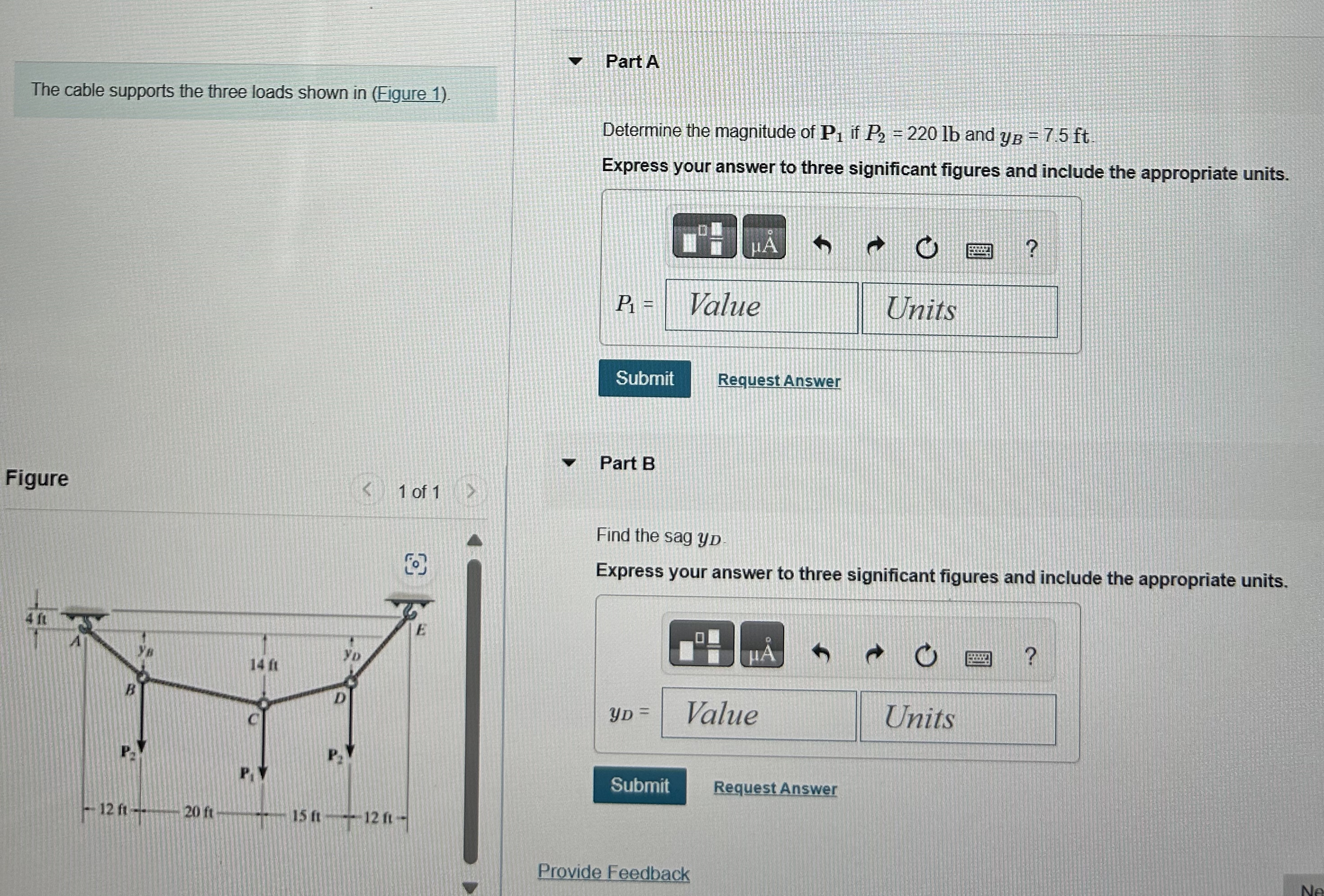 Q . 2 3 The cable supports the three loads shown