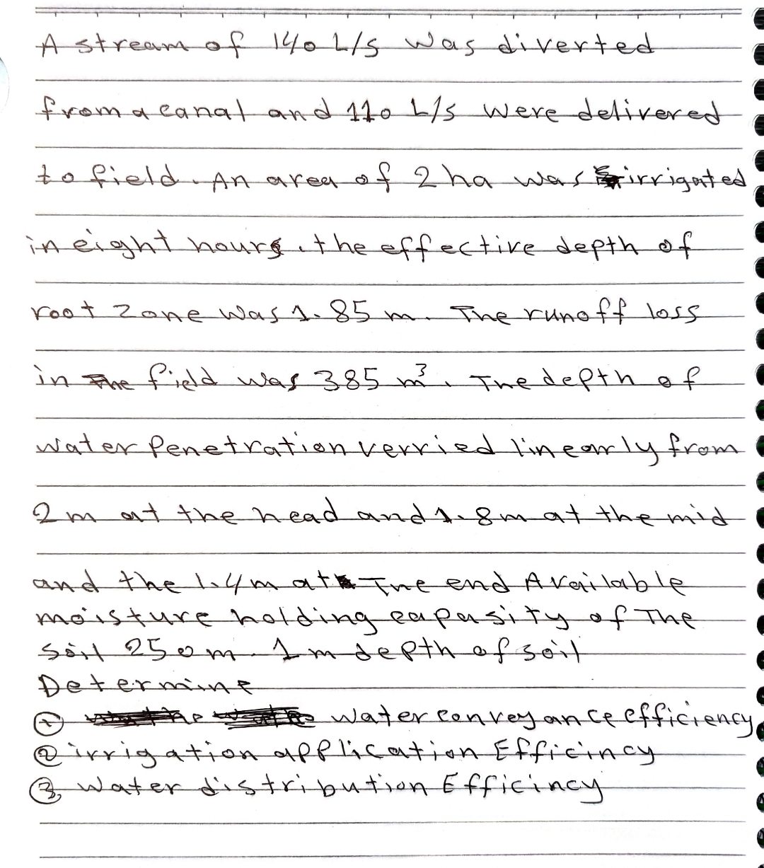 A stream of 1 4 0 L s was diverted from a canal