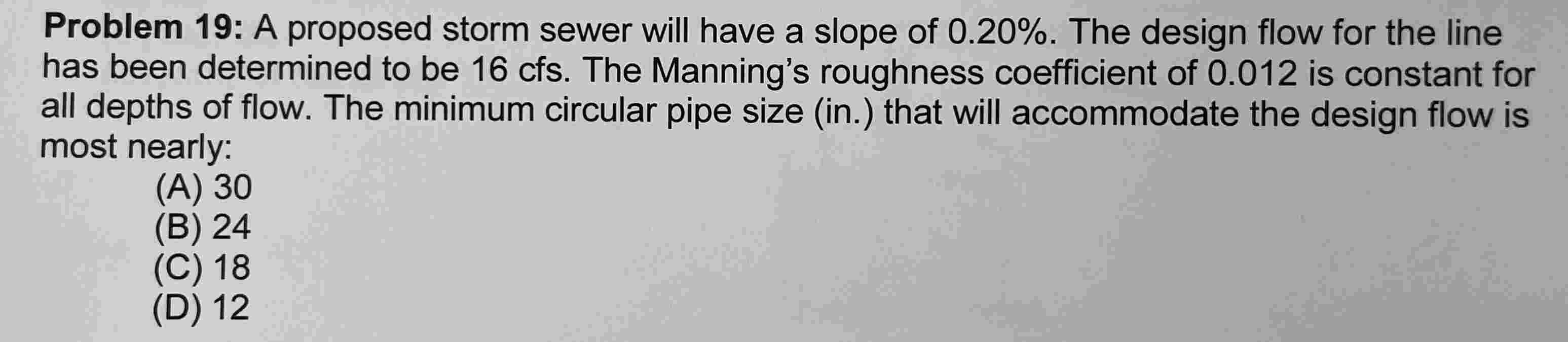 Problem 1 9 : A proposed storm sewer will have a
