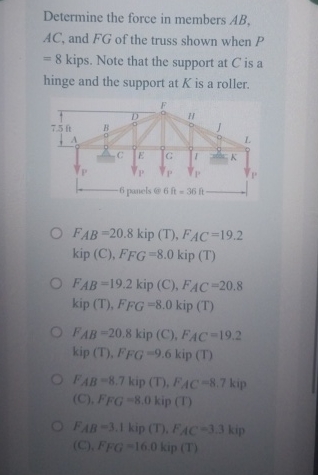 Determine the force in members A B , A C , and F