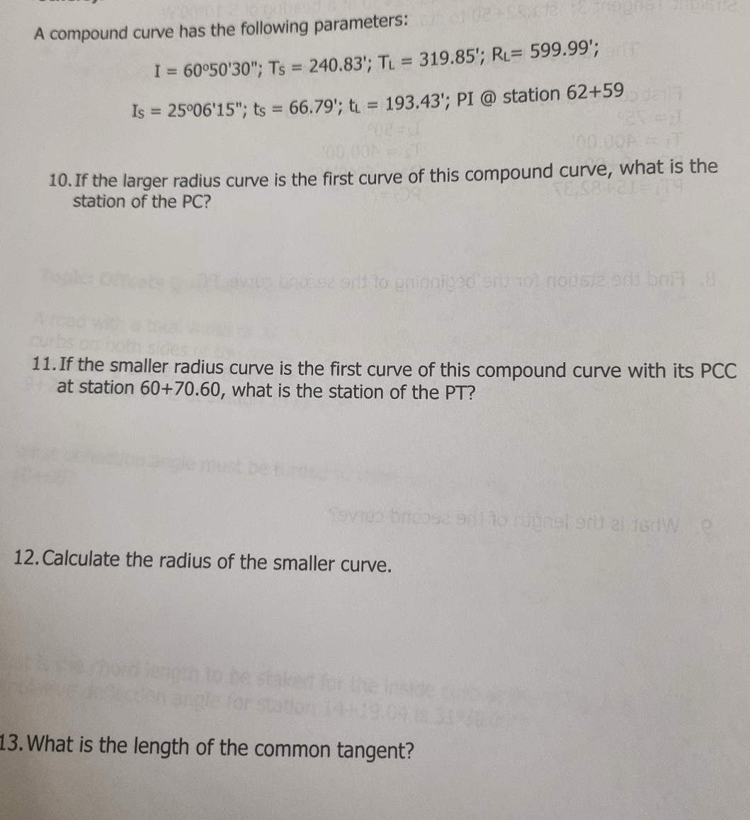 A compound curve has the following parameters: ,
