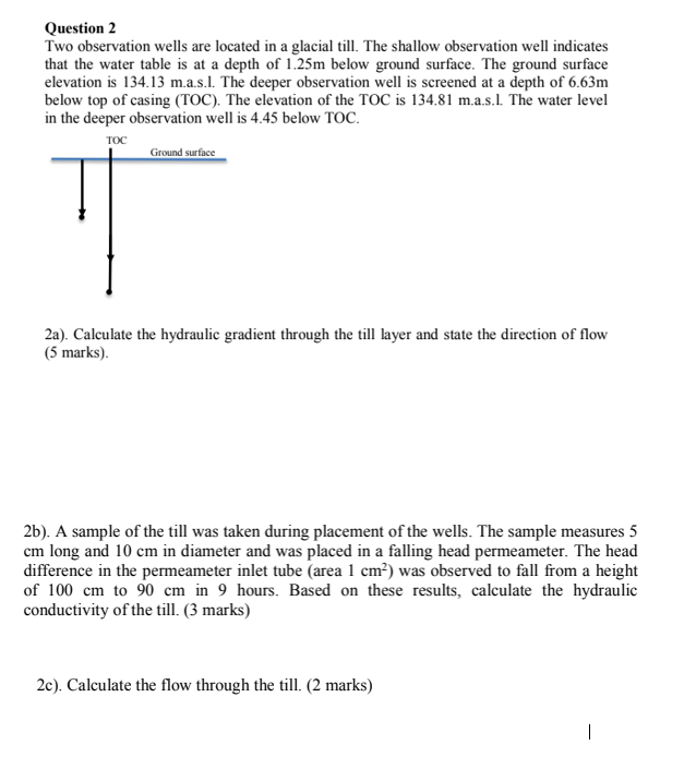 Question 2 Two observation wells are located in a