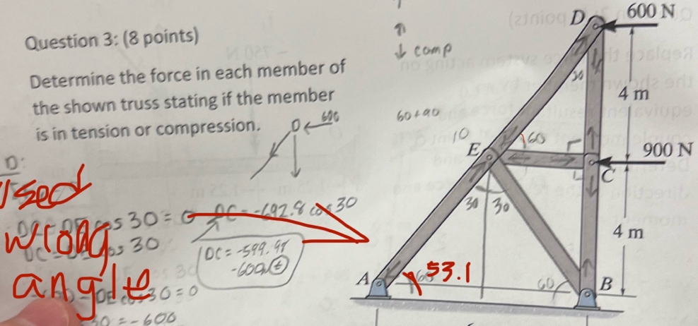 Question 3 : ( 8 points ) Determine the force in