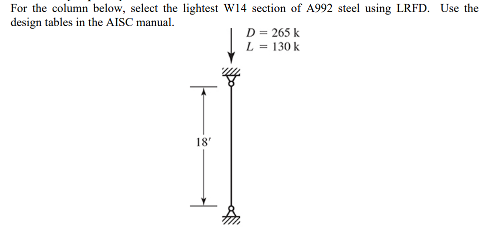 For the column below, select the lightest W 1 4