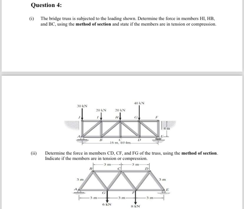 Question 4 : ( i ) The bridge truss is subjected