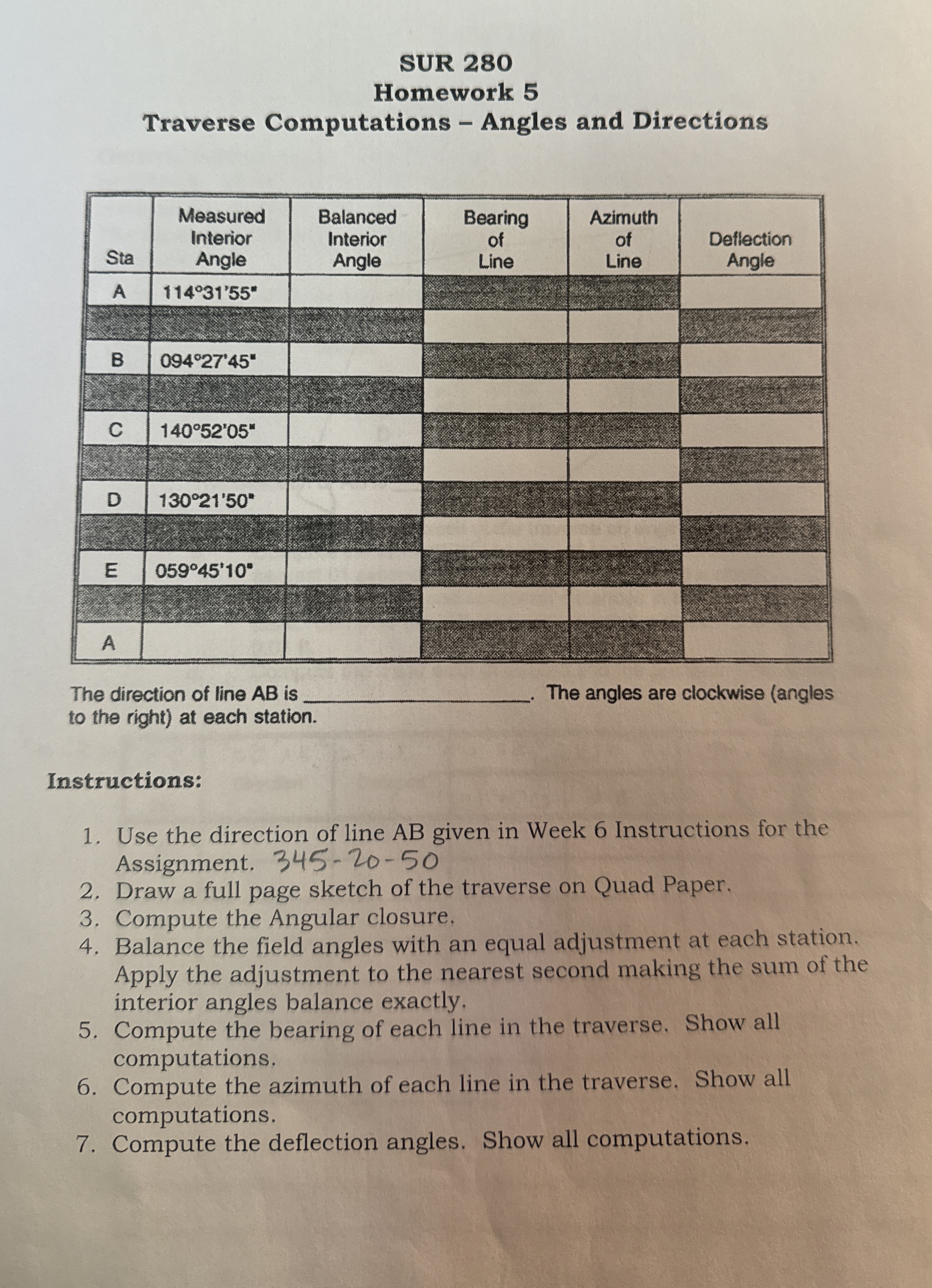 SUR 2 8 0 Homework 5 Traverse Computations -