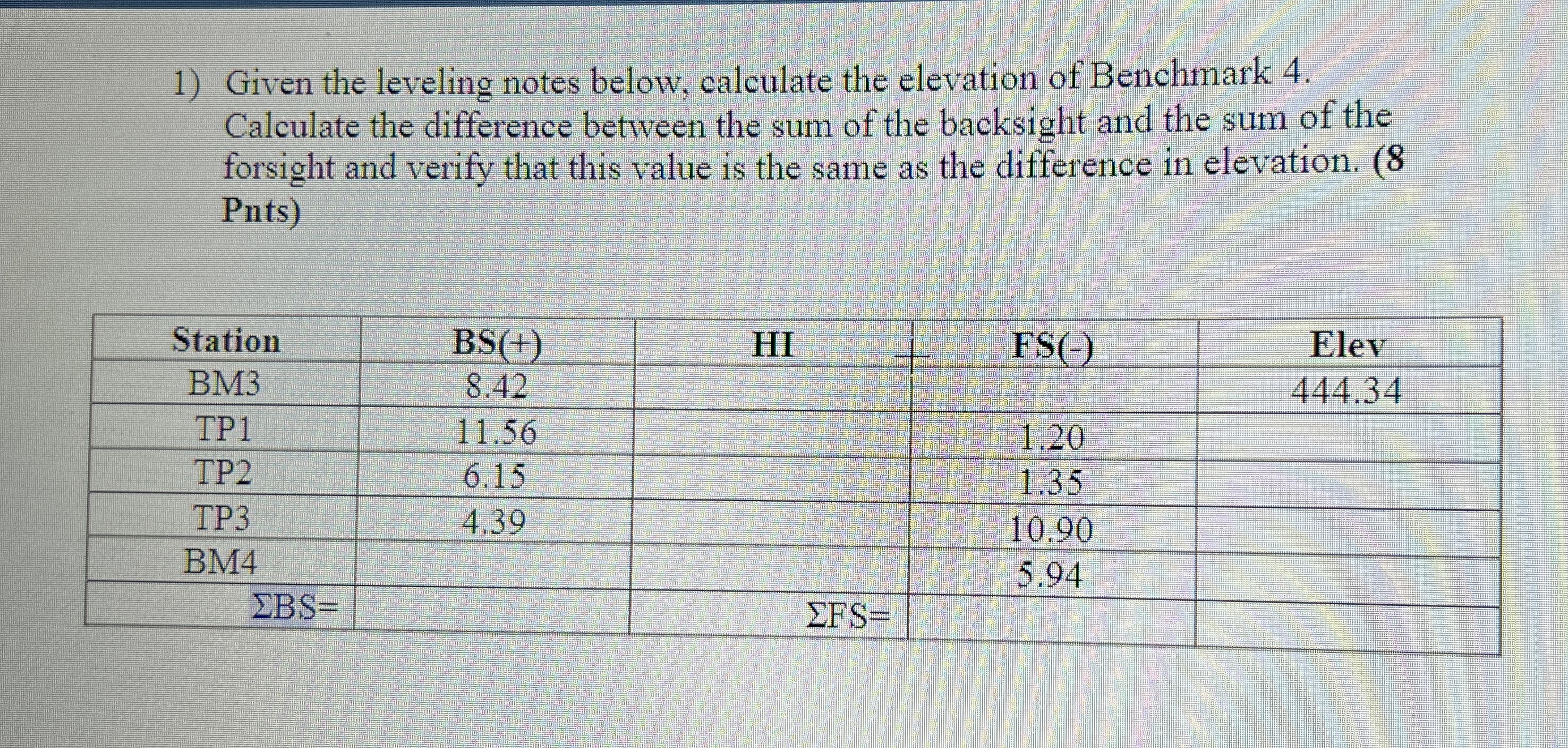 Given the leveling notes below, calculate the