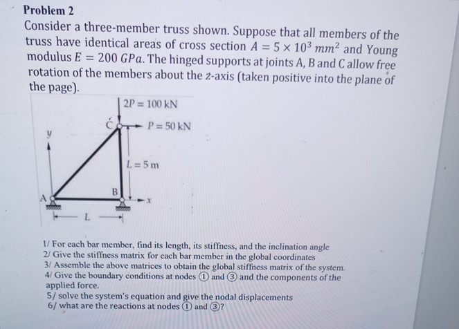Problem 2 Consider a three - member truss shown.