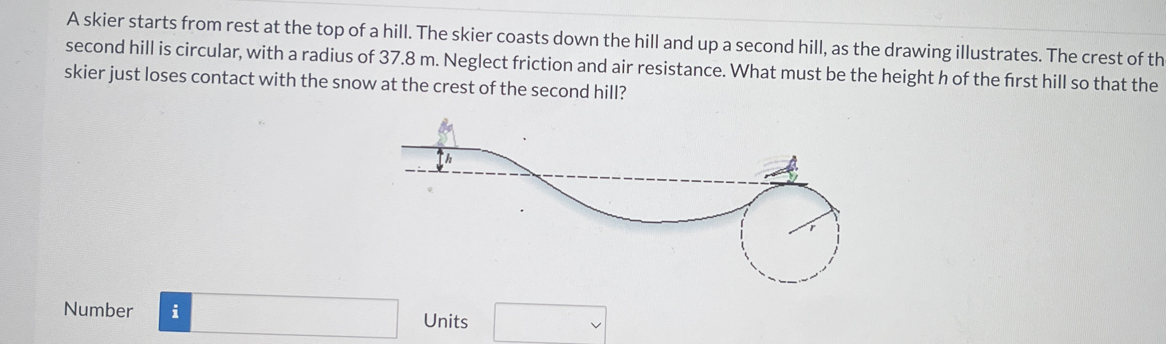 A skier starts from rest at the top of a hill.