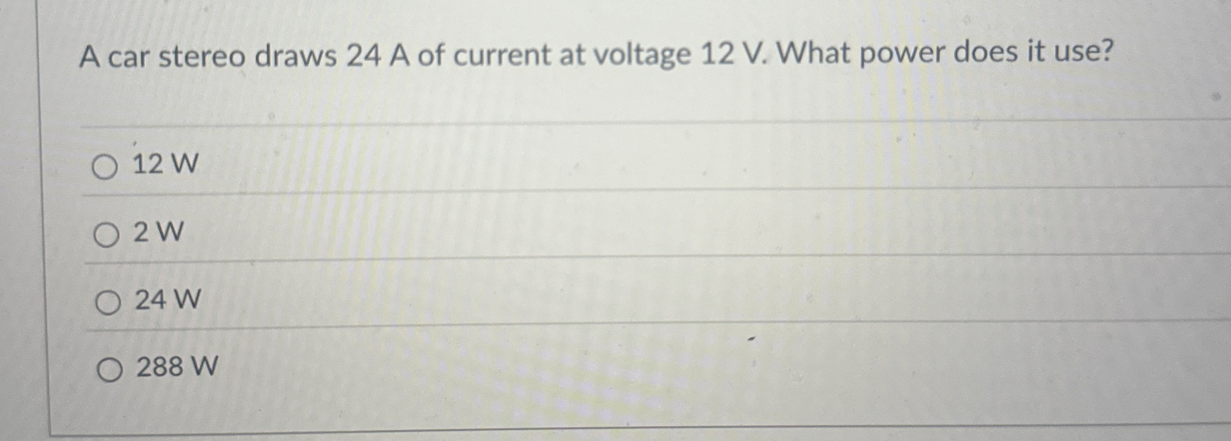 A car stereo draws 2 4 A of current at voltage 1