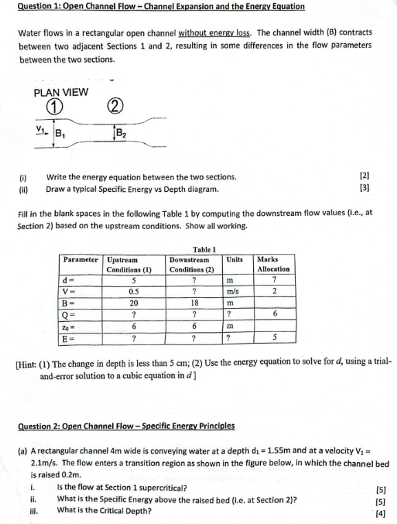 Question 1 : Open Channel Flow - Channel