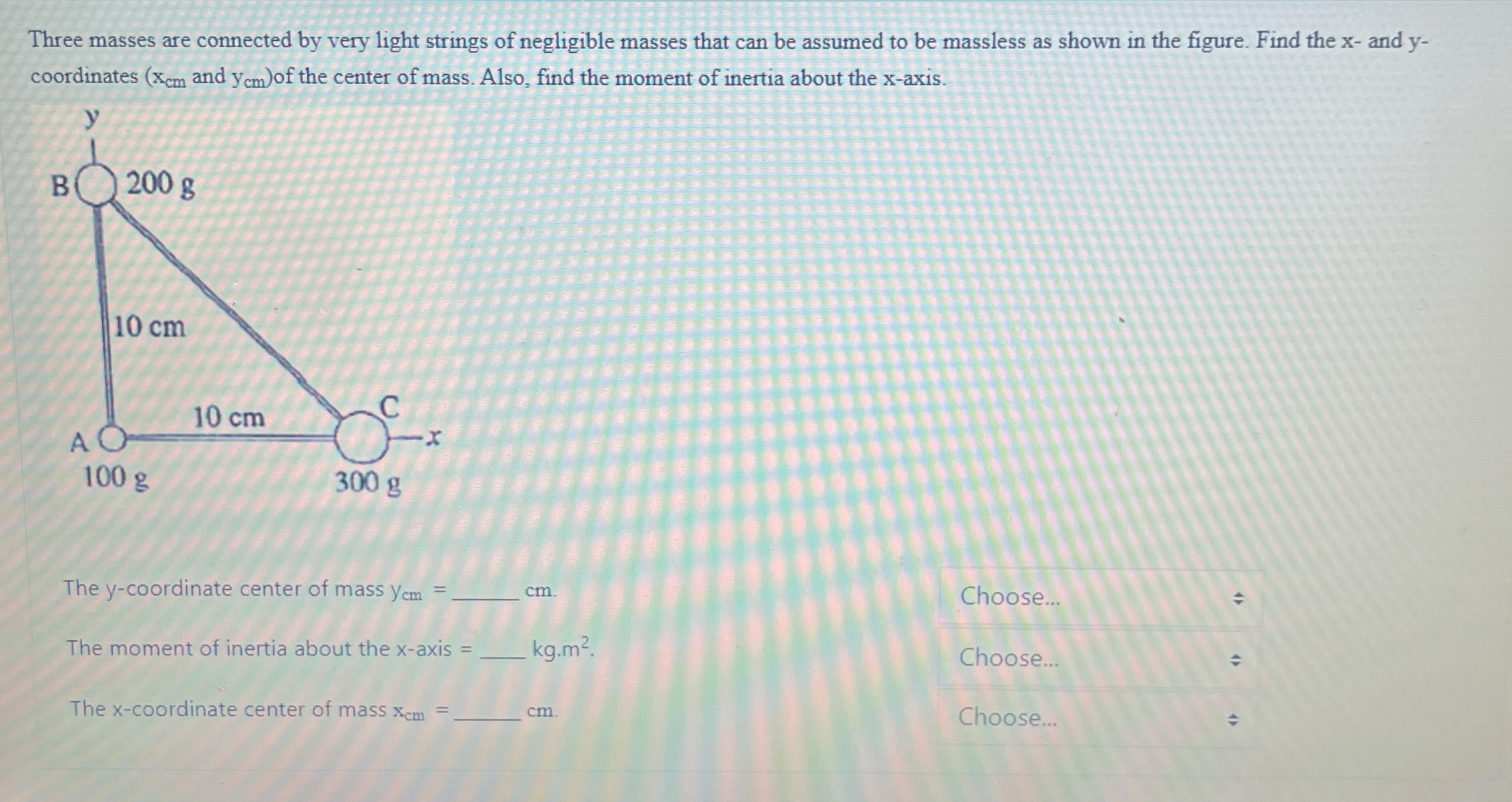 Three masses are connected by very light strings