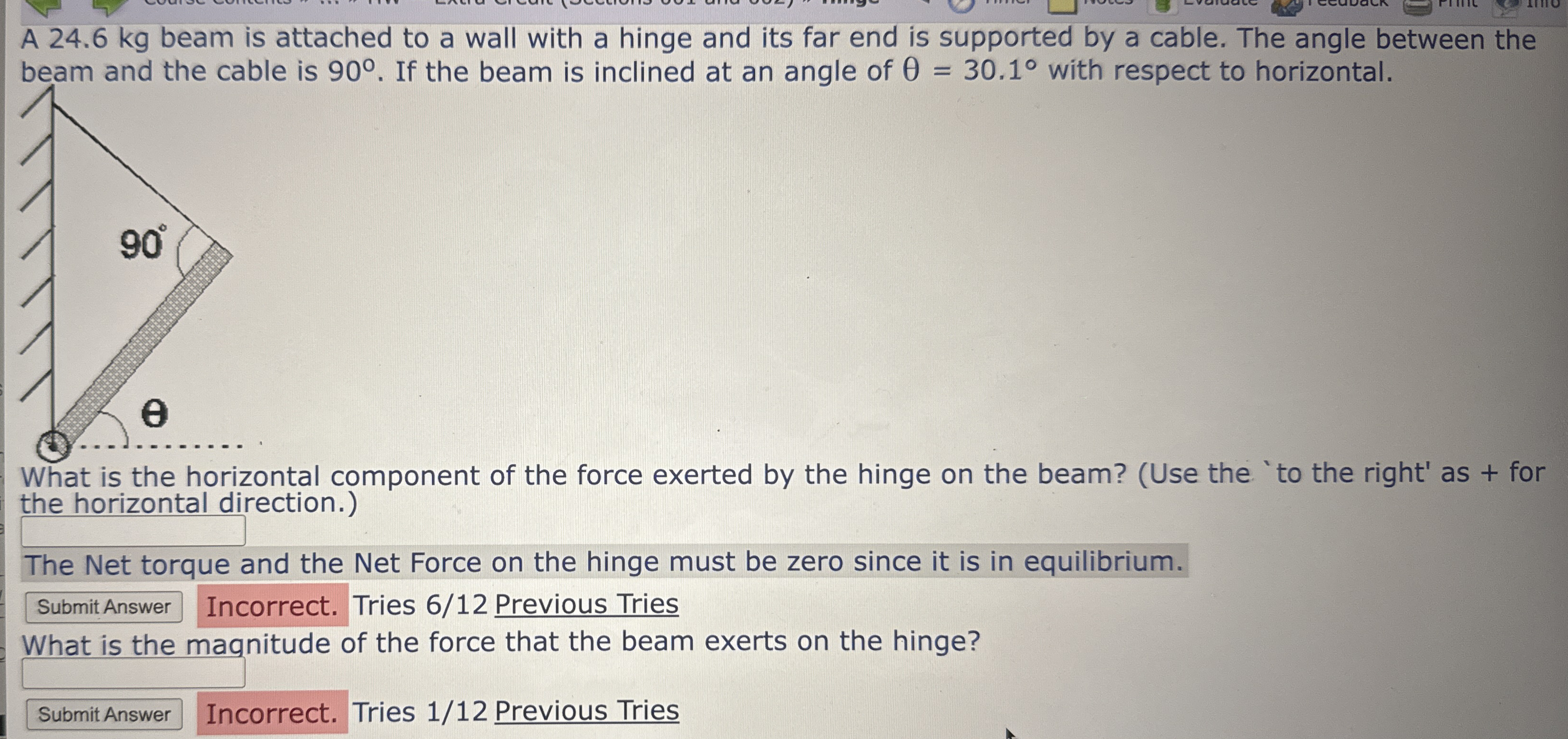 A 2 4 . 6 kg beam is attached to a wall with a