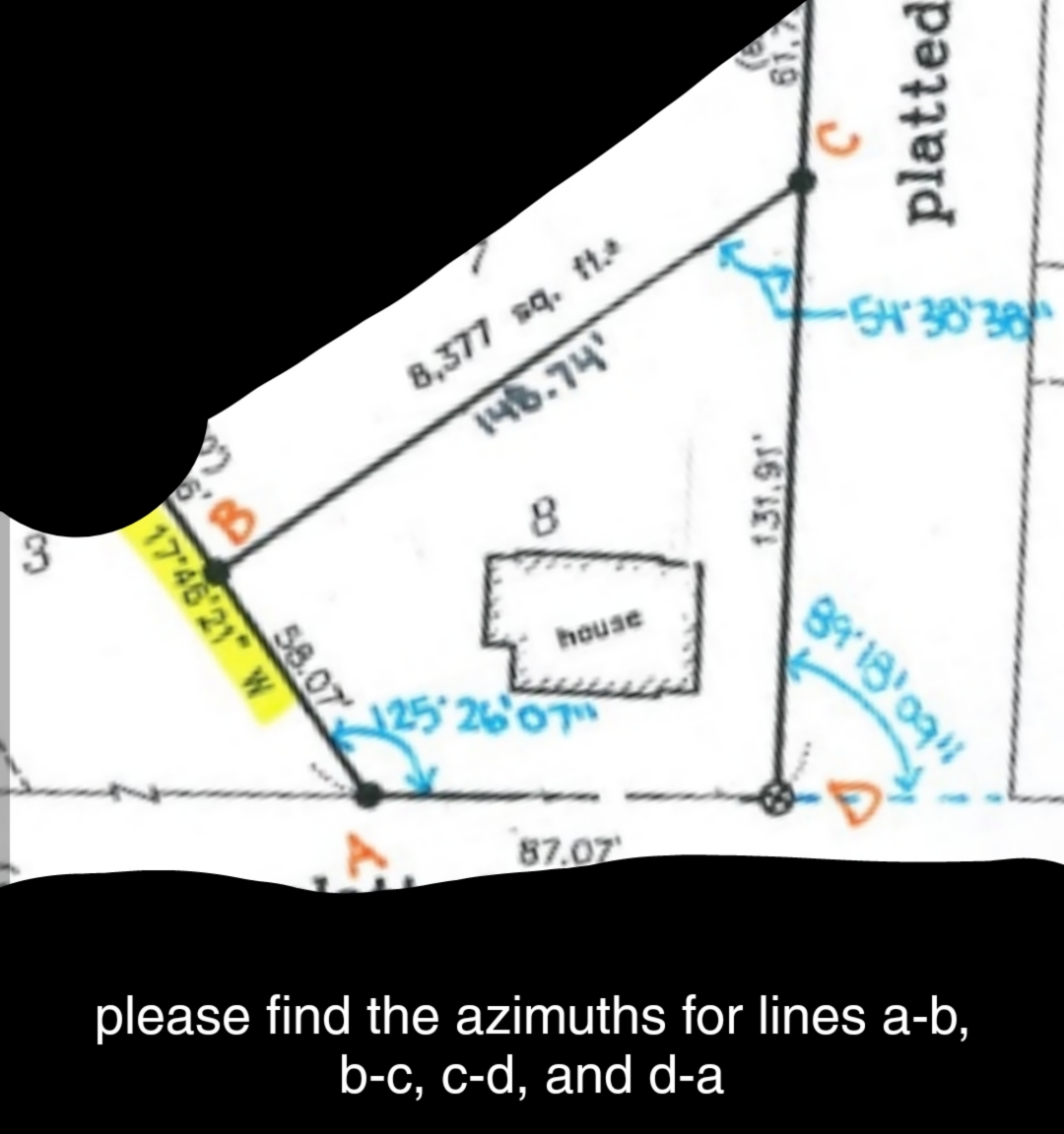 please find the azimuths for lines a - b , b - c