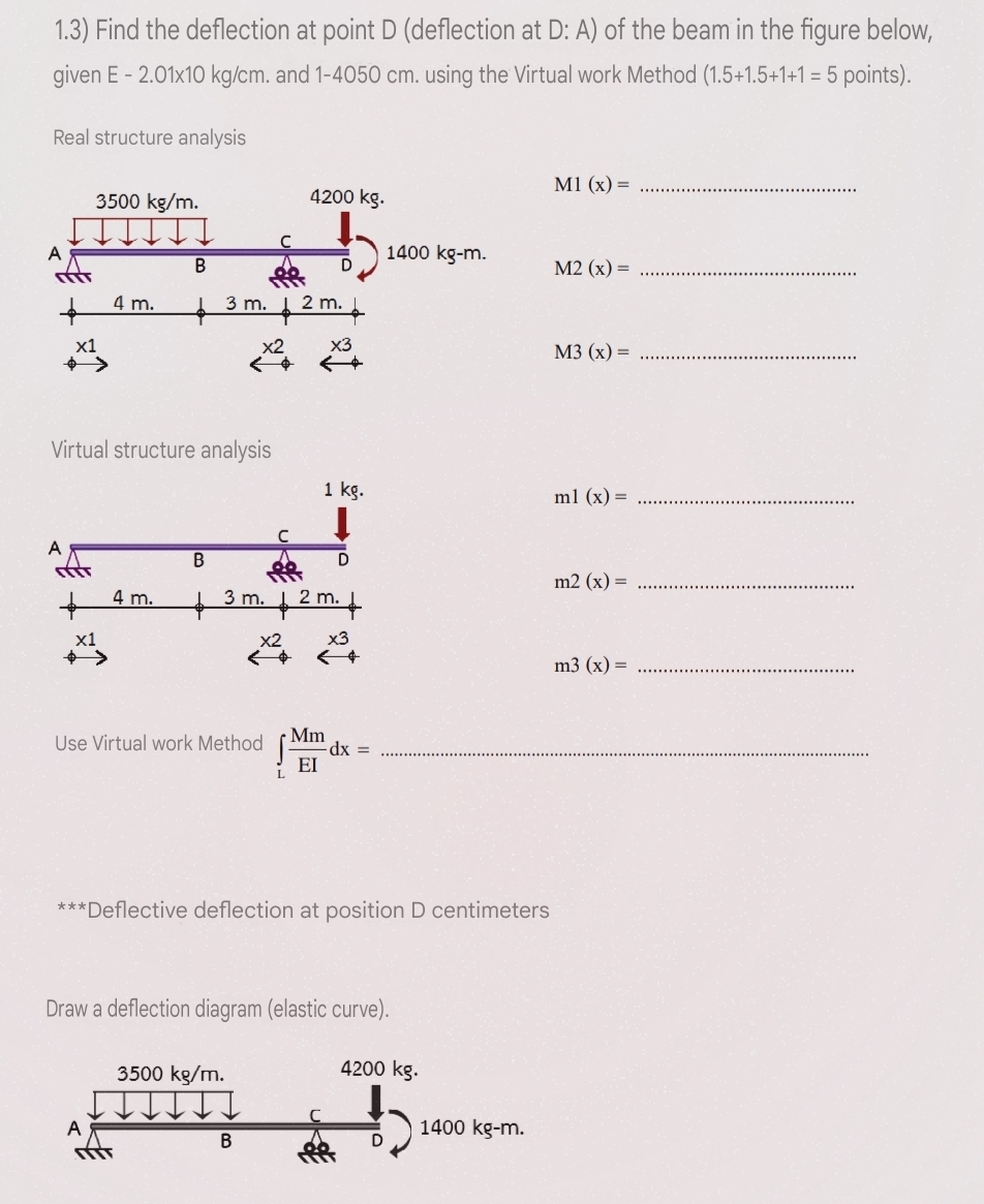 1 . 3 ) Find the deflection at point D (