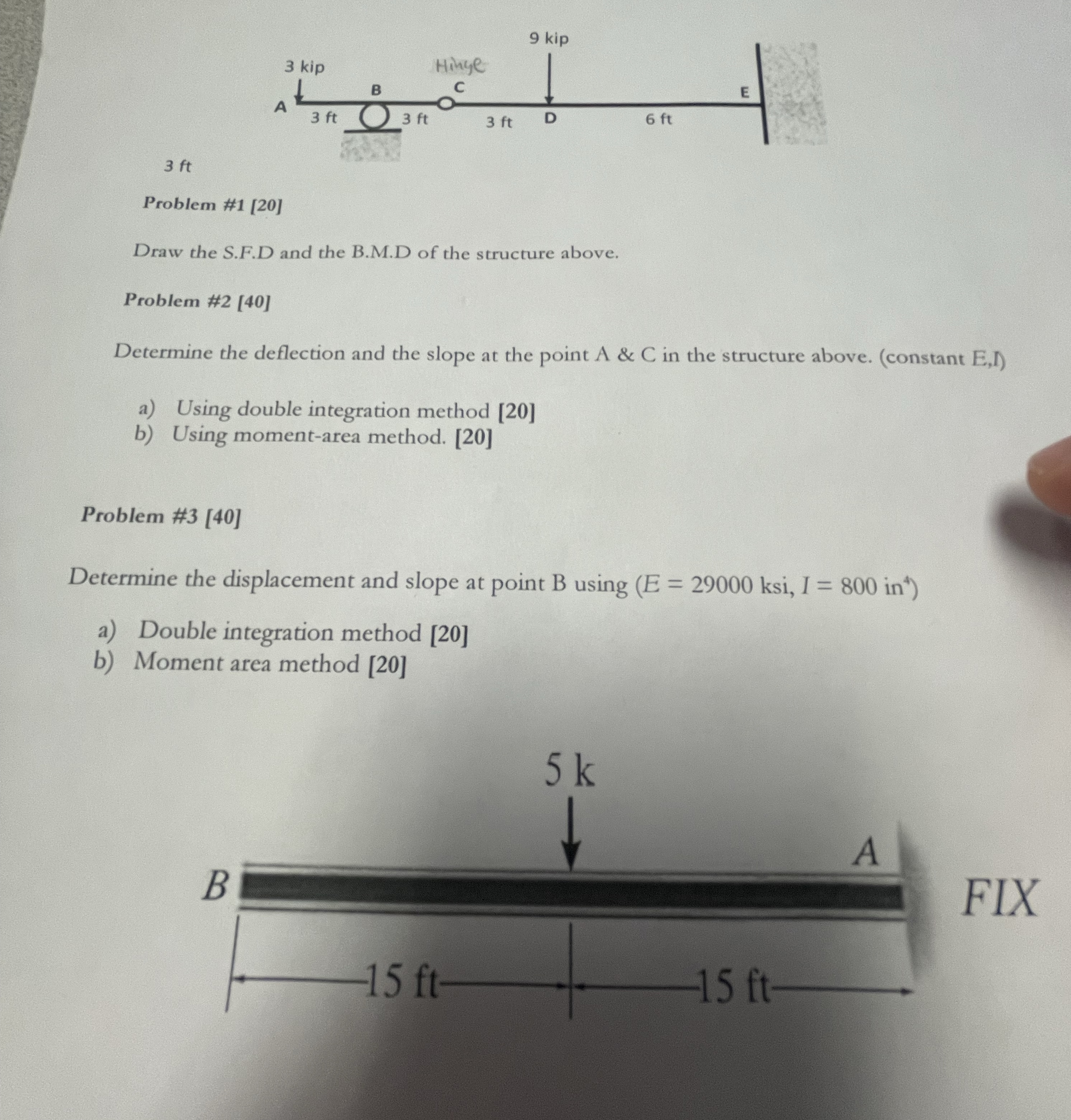 3 ft Problem # 1 [ 2 0 ] Draw the S . F . D and