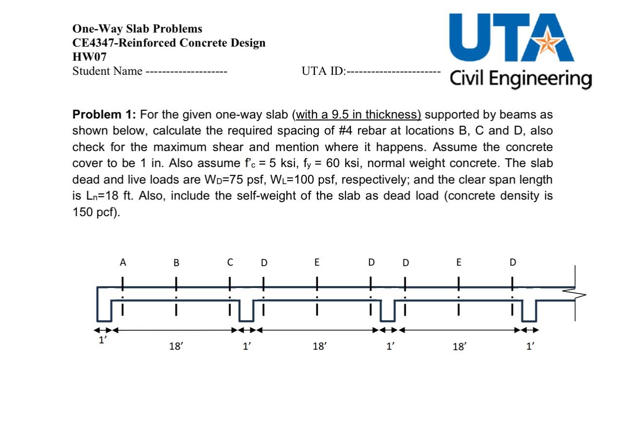 One - Way Slab Problems CE 4 3 4 7 - Reinforced