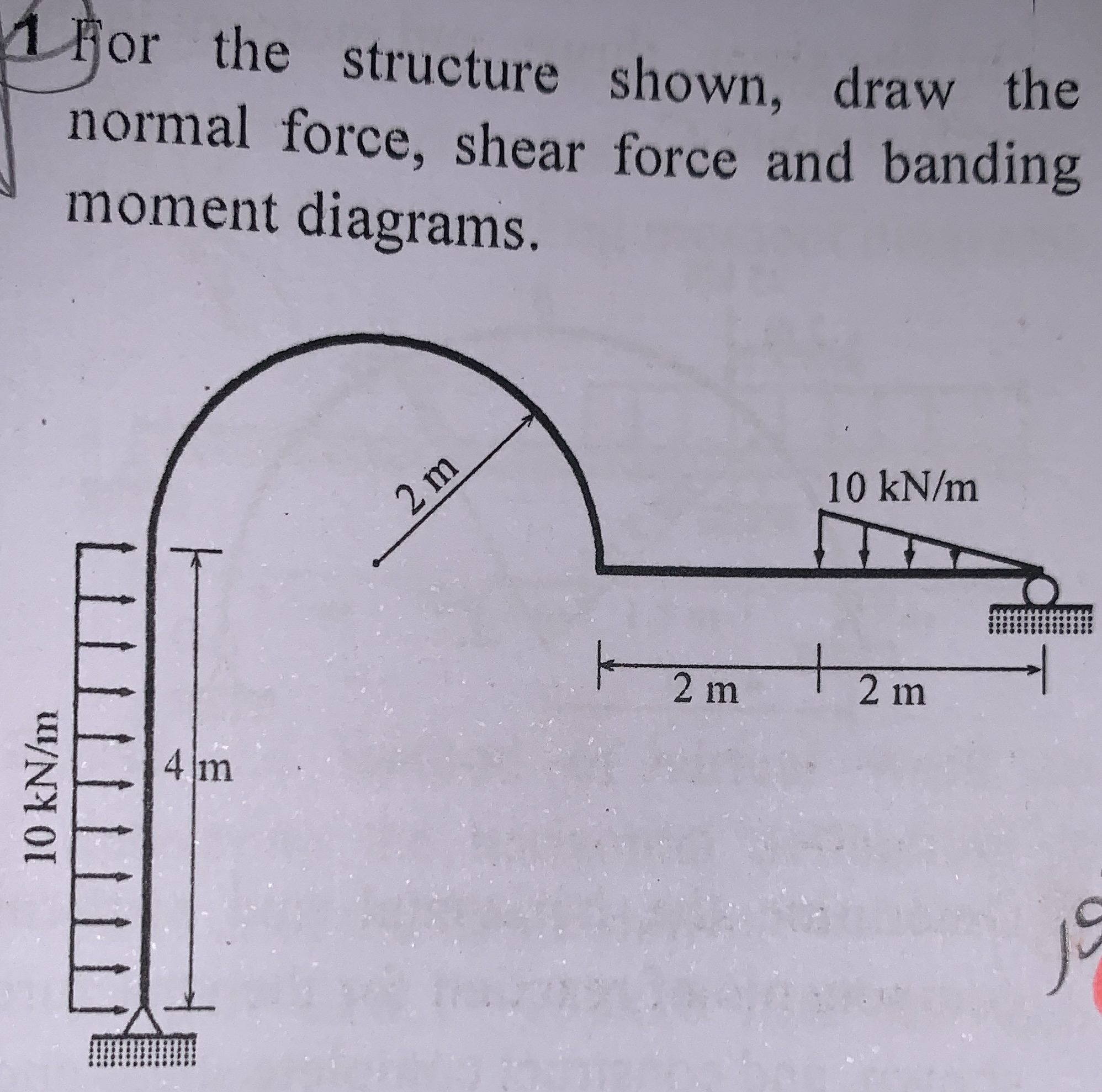 1 or the structure shown, draw the normal force,
