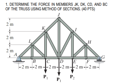 1 . DETERMINE THE FORCE IN MEMBERS JK , DK , CD ,