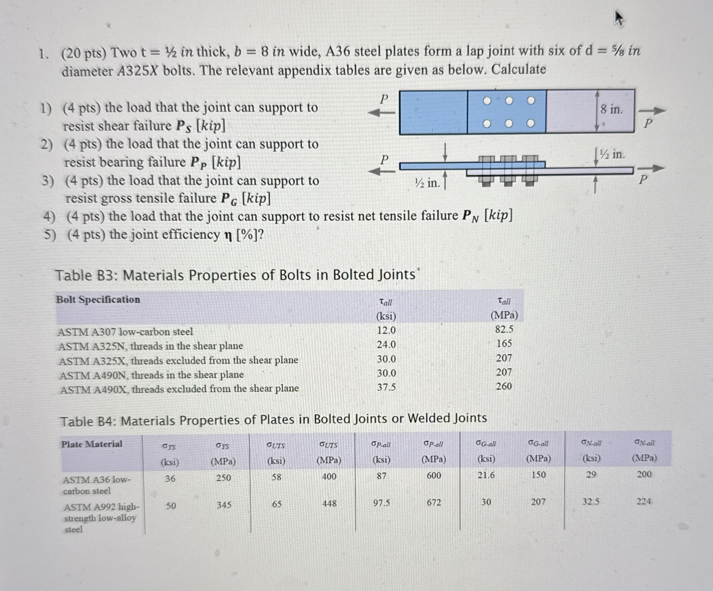 ( 2 0 p t s ) Two t = 1 2 in thick, b = 8 in