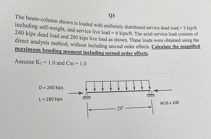 Q 3 The beam - column shown is loaded with