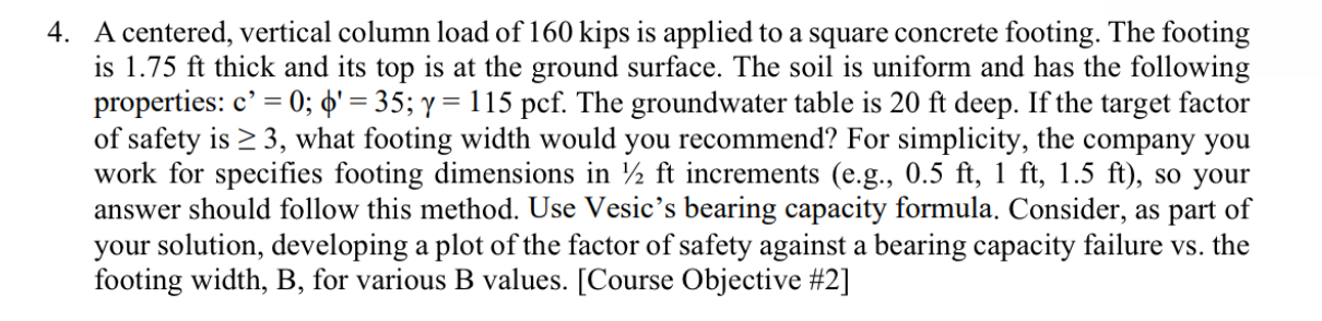A centered, vertical column load of 1 6 0 kips is