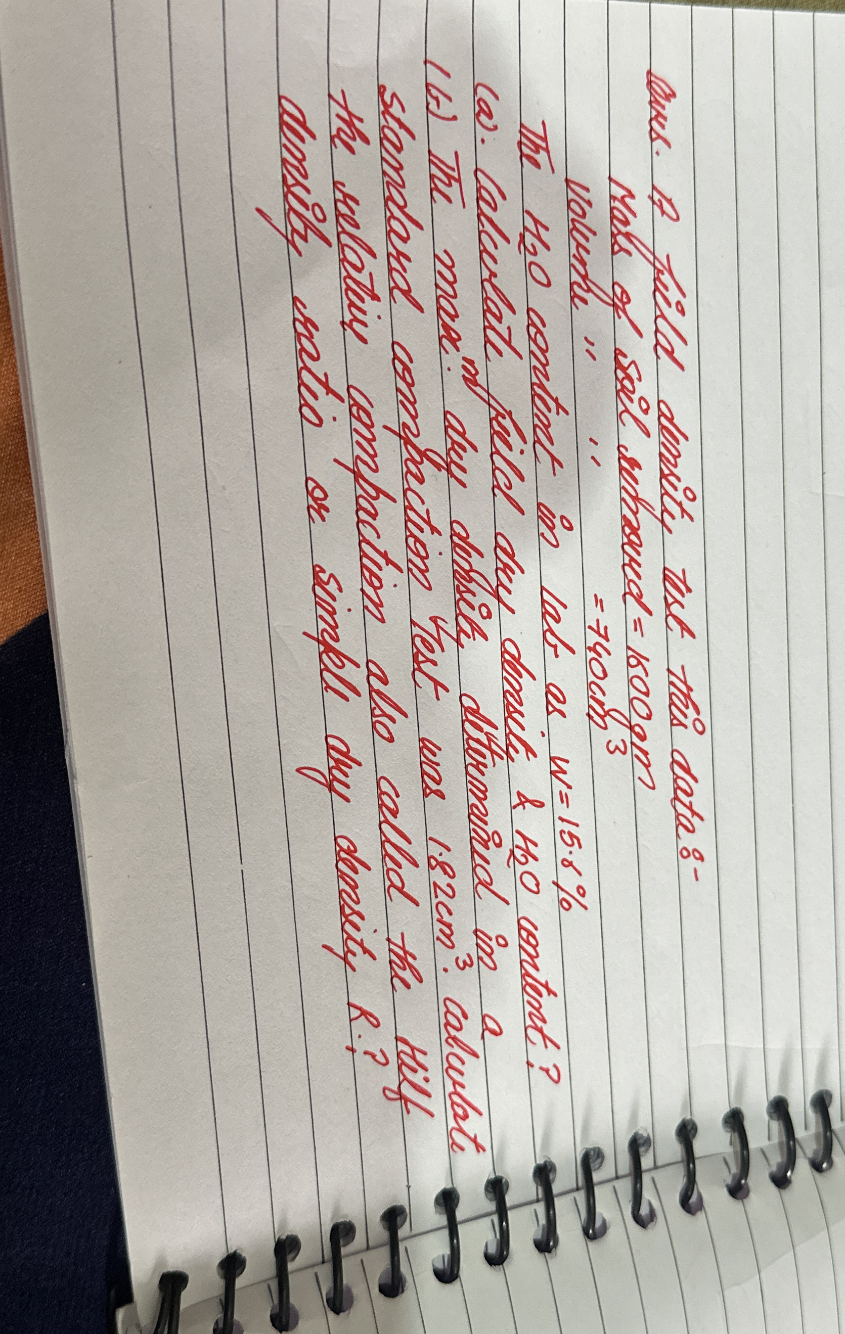 Question. A field density test this data: - Mass