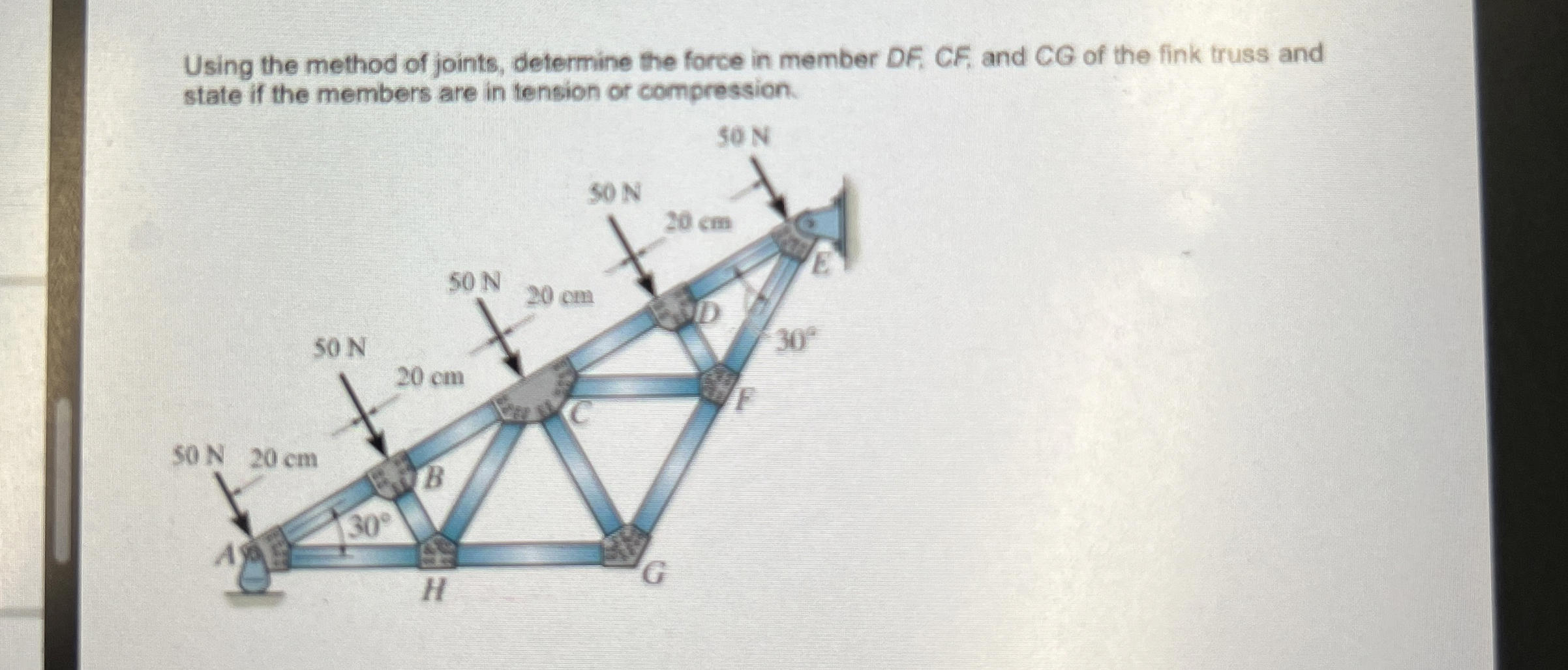 Using the method of joints, determine the force