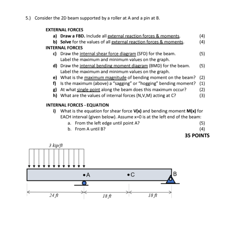 5 . ) Consider the 2 D beam supported by a roller