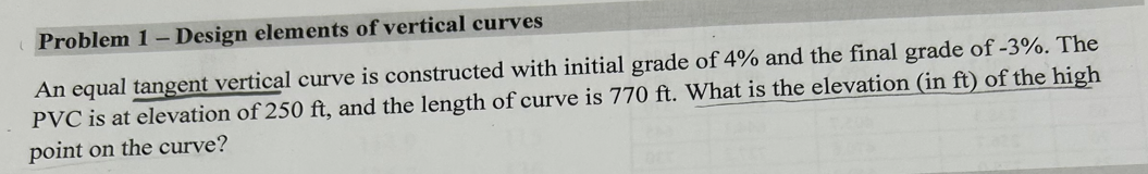 Problem 1 - Design elements of vertical curves An