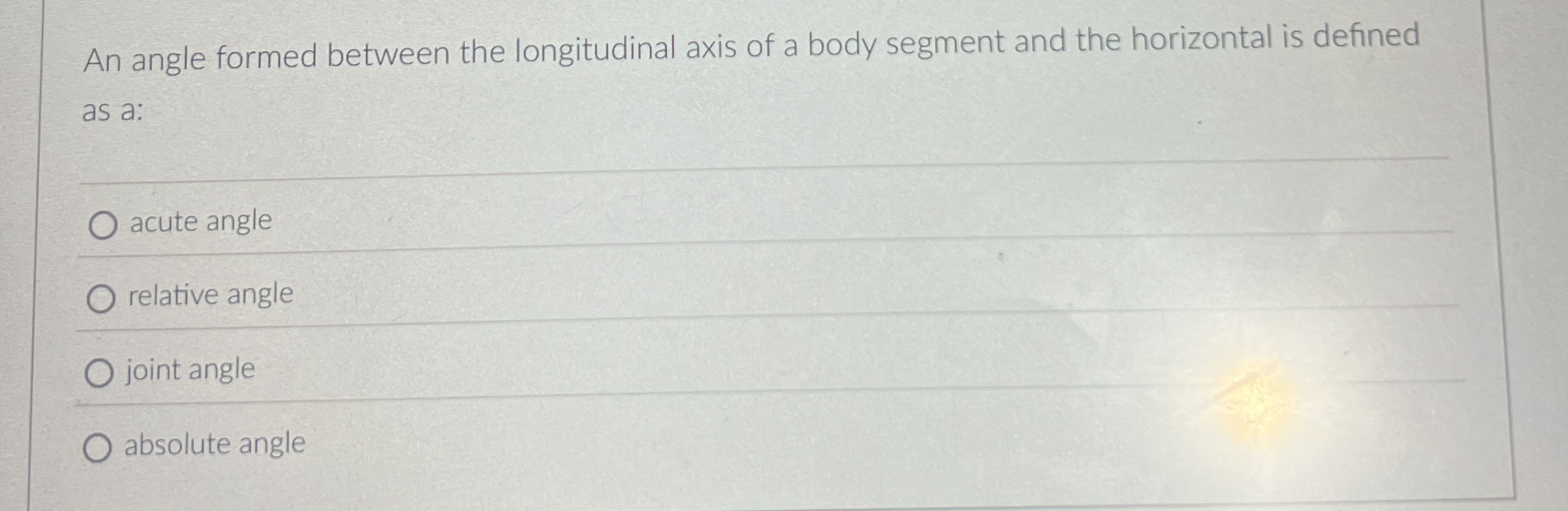 An angle formed between the longitudinal axis of