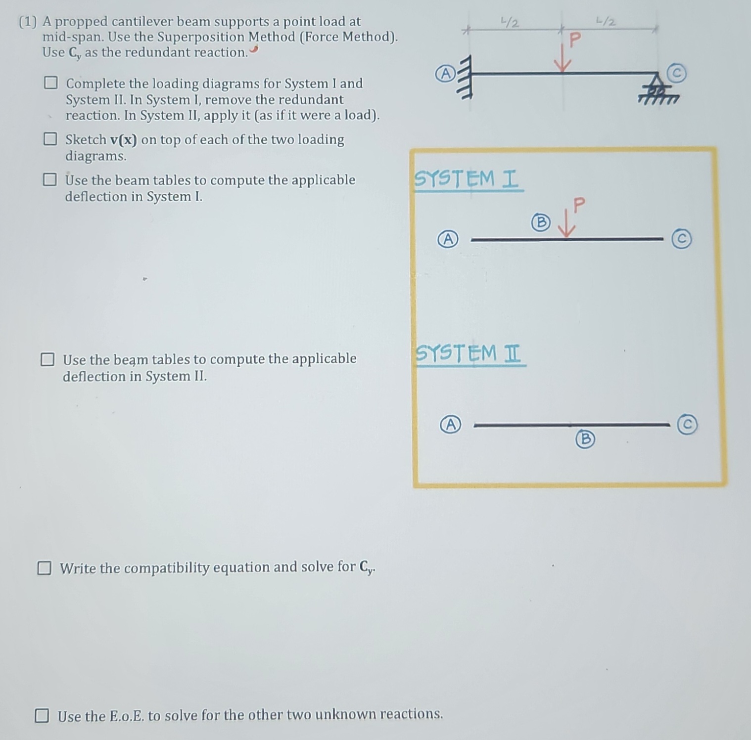 ( 1 ) A propped cantilever beam supports a point