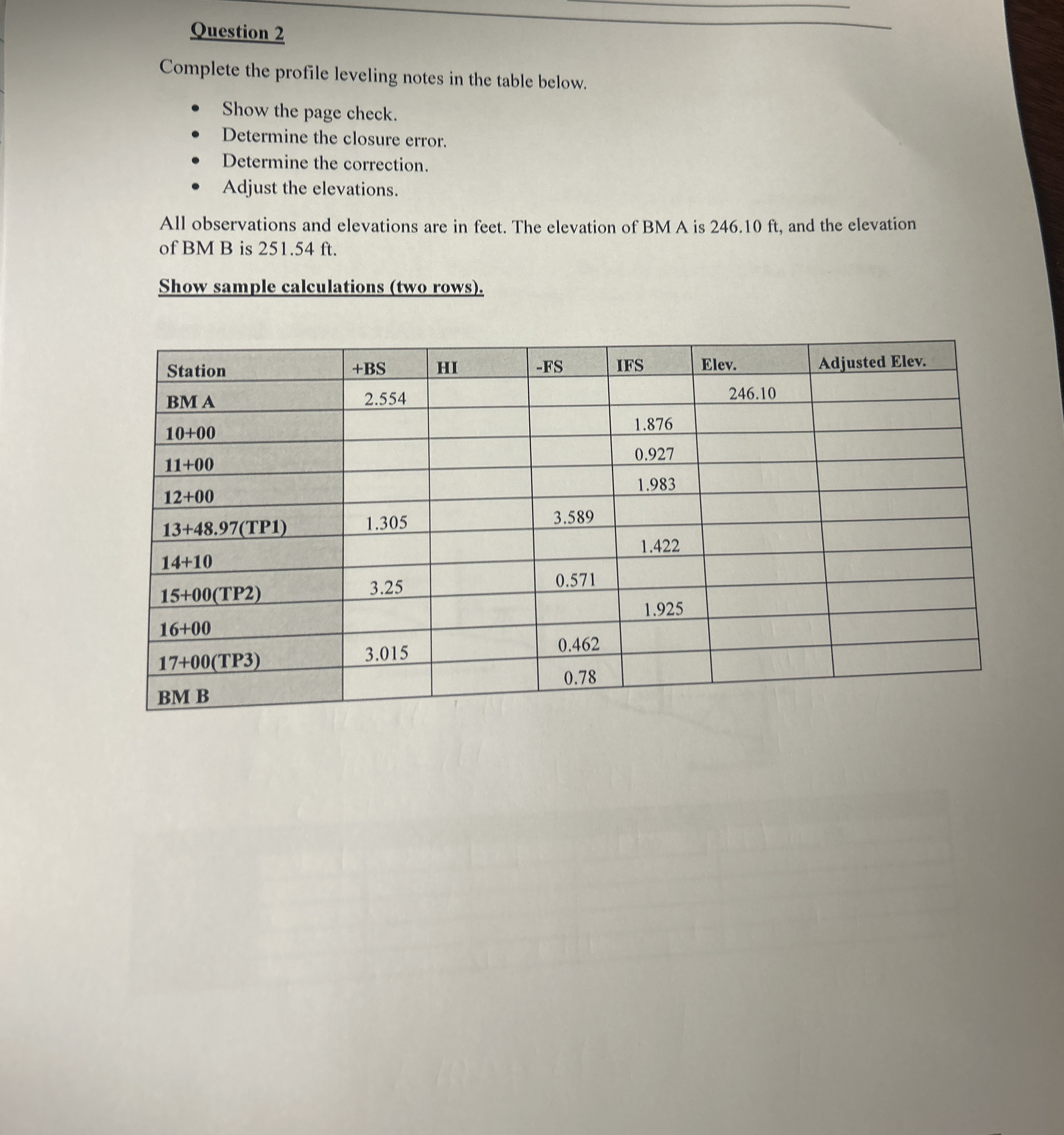 Question 2 Complete the profile leveling notes in